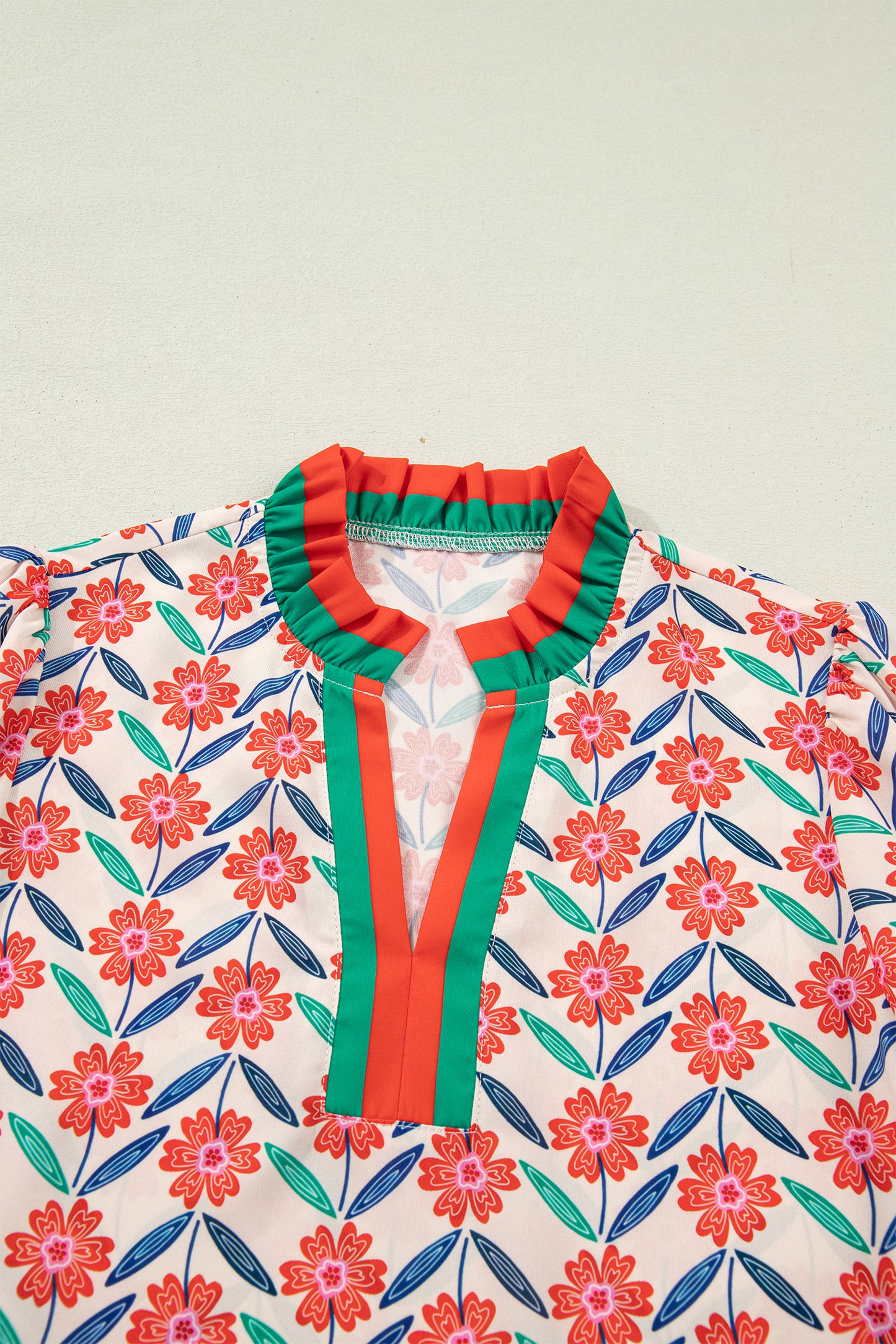 Red Floral Print Striped Detail V Neck Ruffled Short Sleeve Blouse-Tops/Blouses & Shirts-[Adult]-[Female]-2022 Online Blue Zone Planet