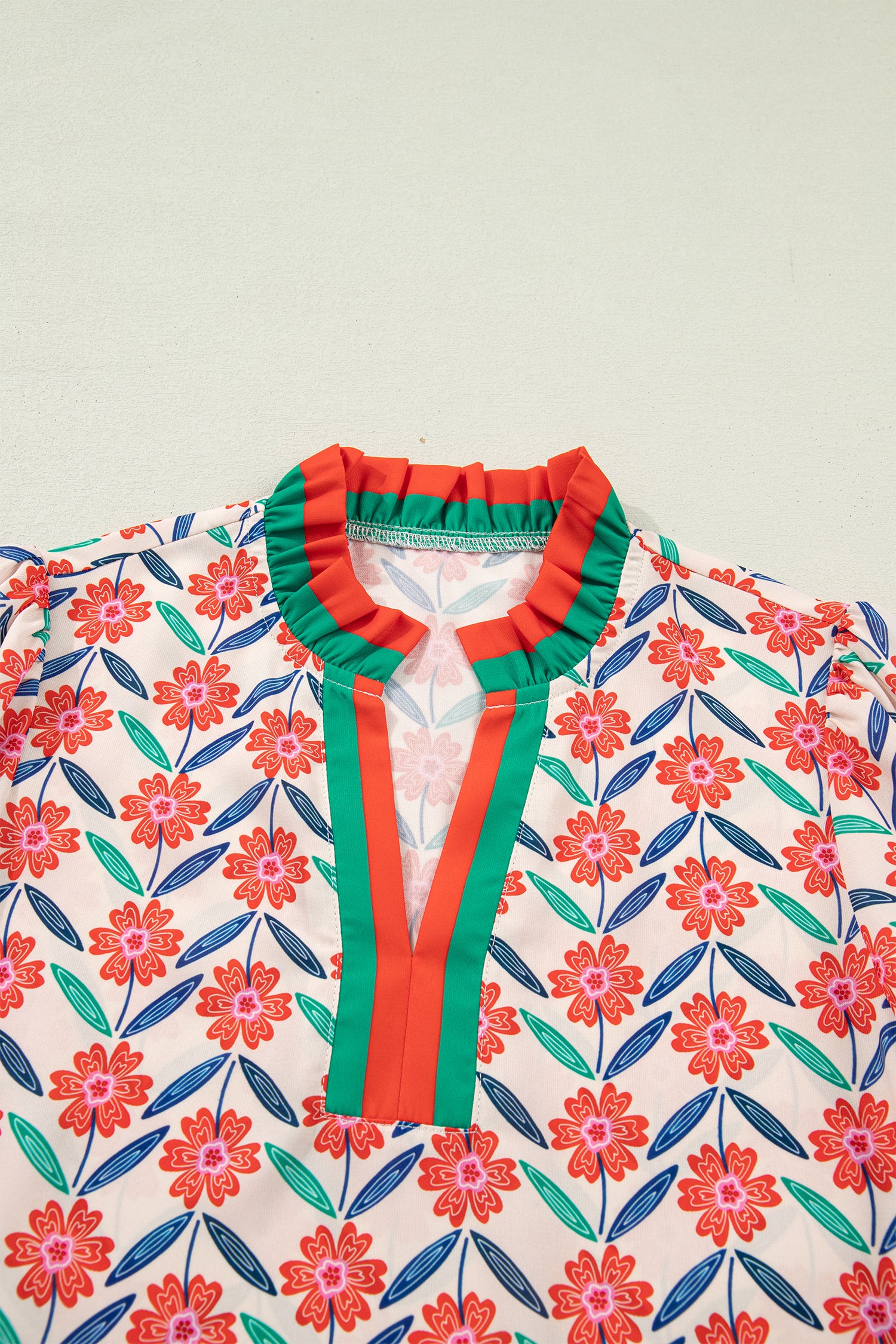 Red Floral Print Striped Detail V Neck Ruffled Short Sleeve Blouse-Tops/Blouses & Shirts-[Adult]-[Female]-2022 Online Blue Zone Planet