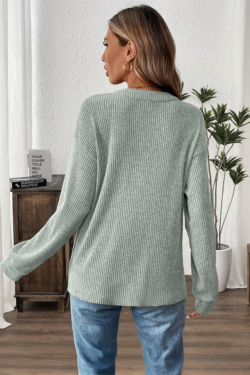 Clearly Aqua Ribbed Texture Drop Shoulder Henley Knit Top-Tops/Long Sleeve Tops-[Adult]-[Female]-2022 Online Blue Zone Planet