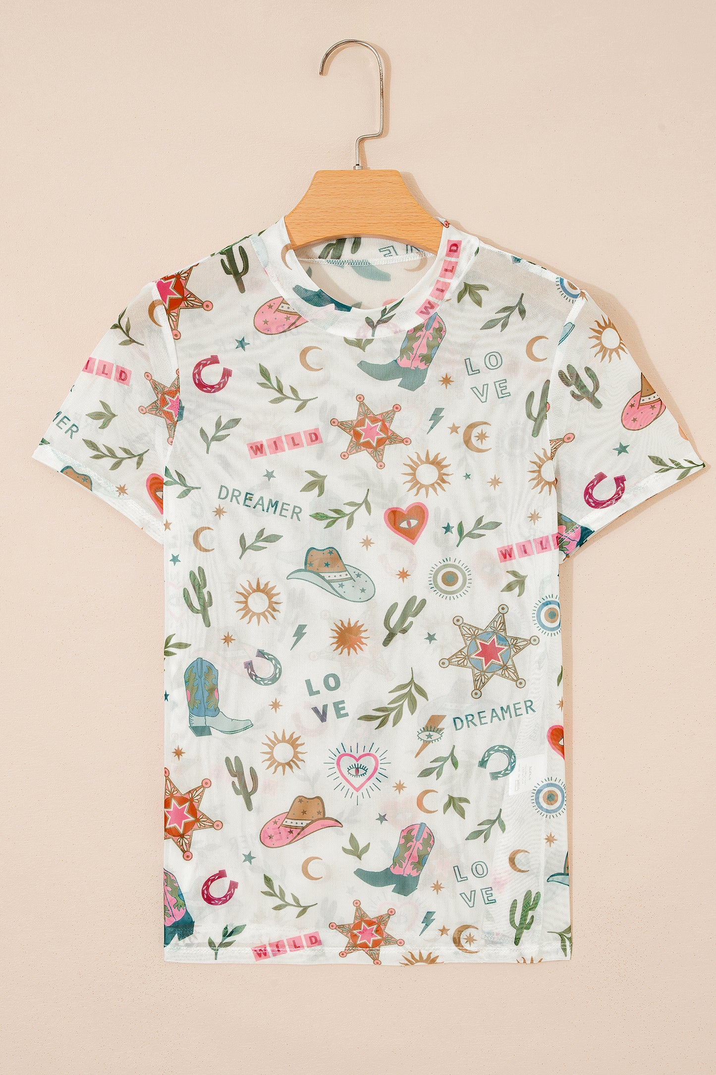 White Love Wild Dreamer Western Print Sheer Mesh Top-Tops/Tops & Tees-[Adult]-[Female]-2022 Online Blue Zone Planet