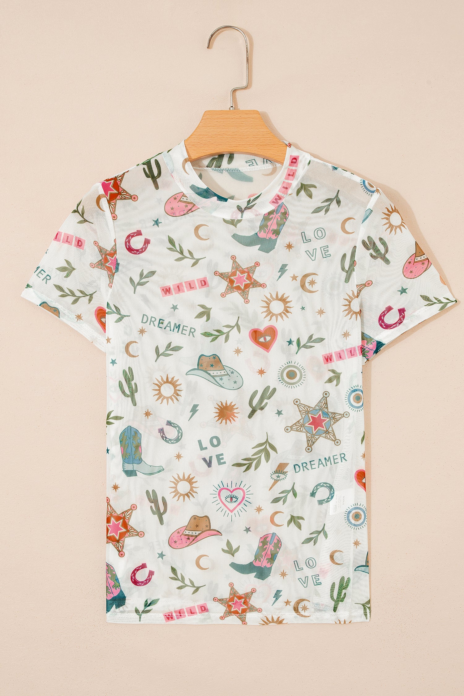 White Love Wild Dreamer Western Print Sheer Mesh Top-Tops/Tops & Tees-[Adult]-[Female]-2022 Online Blue Zone Planet