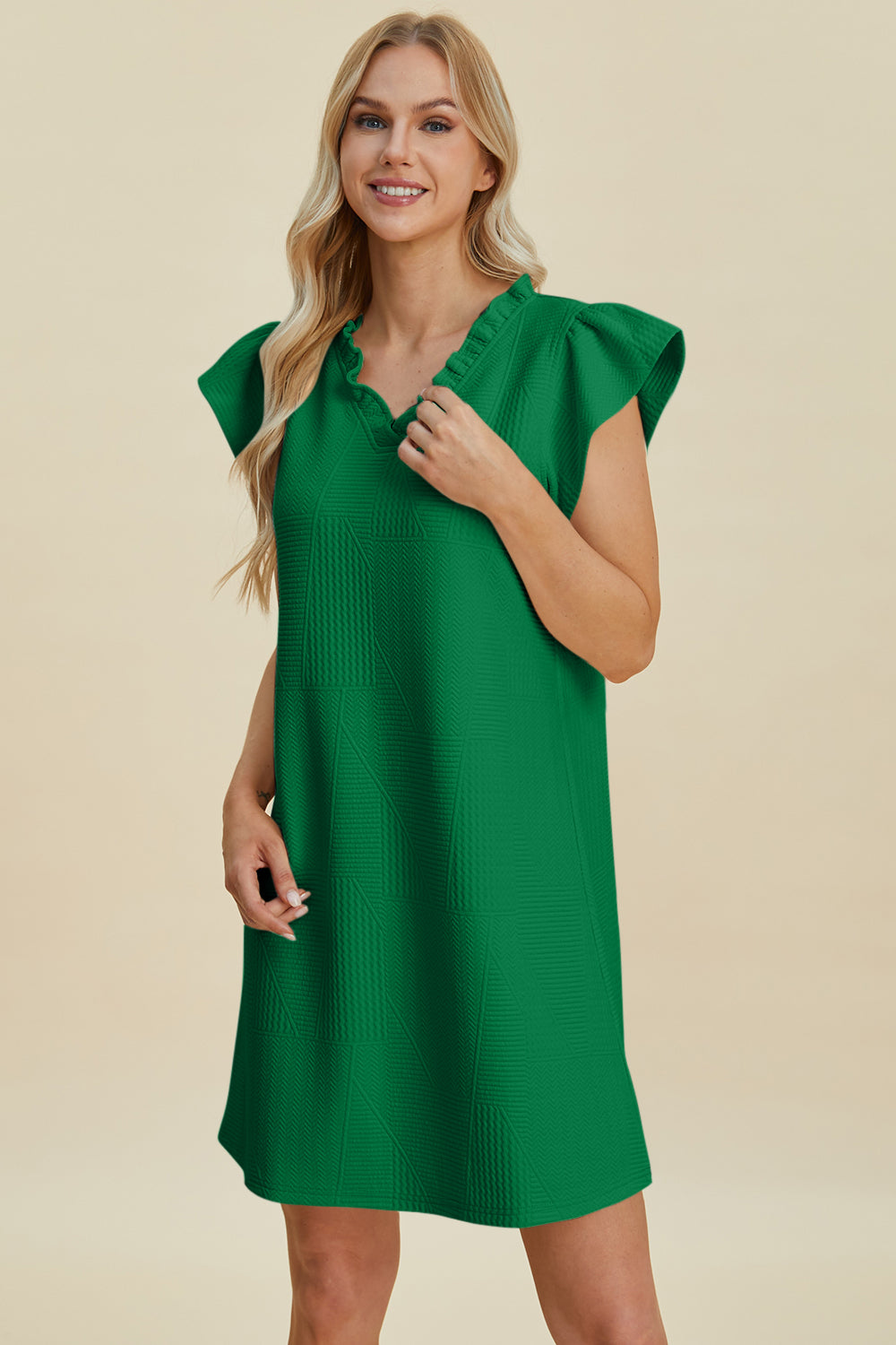 Double Take Full Size Ruffled V-Neck Cap Sleeve Dress-TOPS / DRESSES-[Adult]-[Female]-Dark Green-S-2022 Online Blue Zone Planet