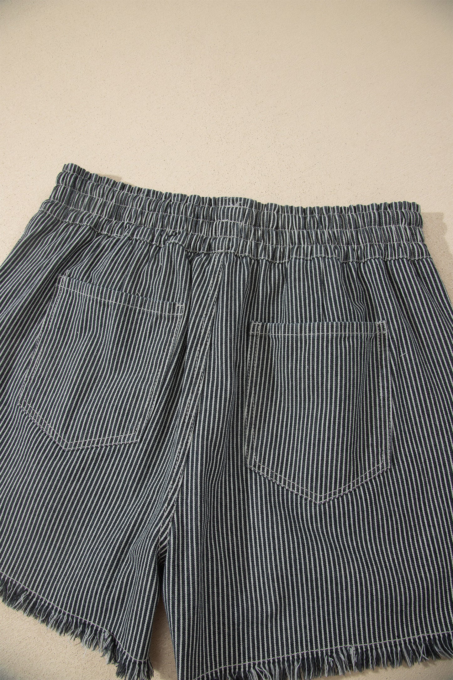 Black Stripe Raw Edge Drawstring Elastic Waist Casual Denim Shorts-Bottoms/Denim Shorts-[Adult]-[Female]-2022 Online Blue Zone Planet