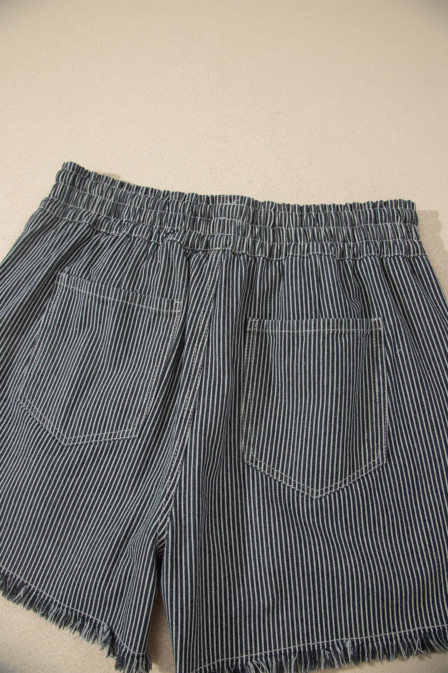 Black Stripe Raw Edge Drawstring Elastic Waist Casual Denim Shorts-Bottoms/Denim Shorts-[Adult]-[Female]-2022 Online Blue Zone Planet