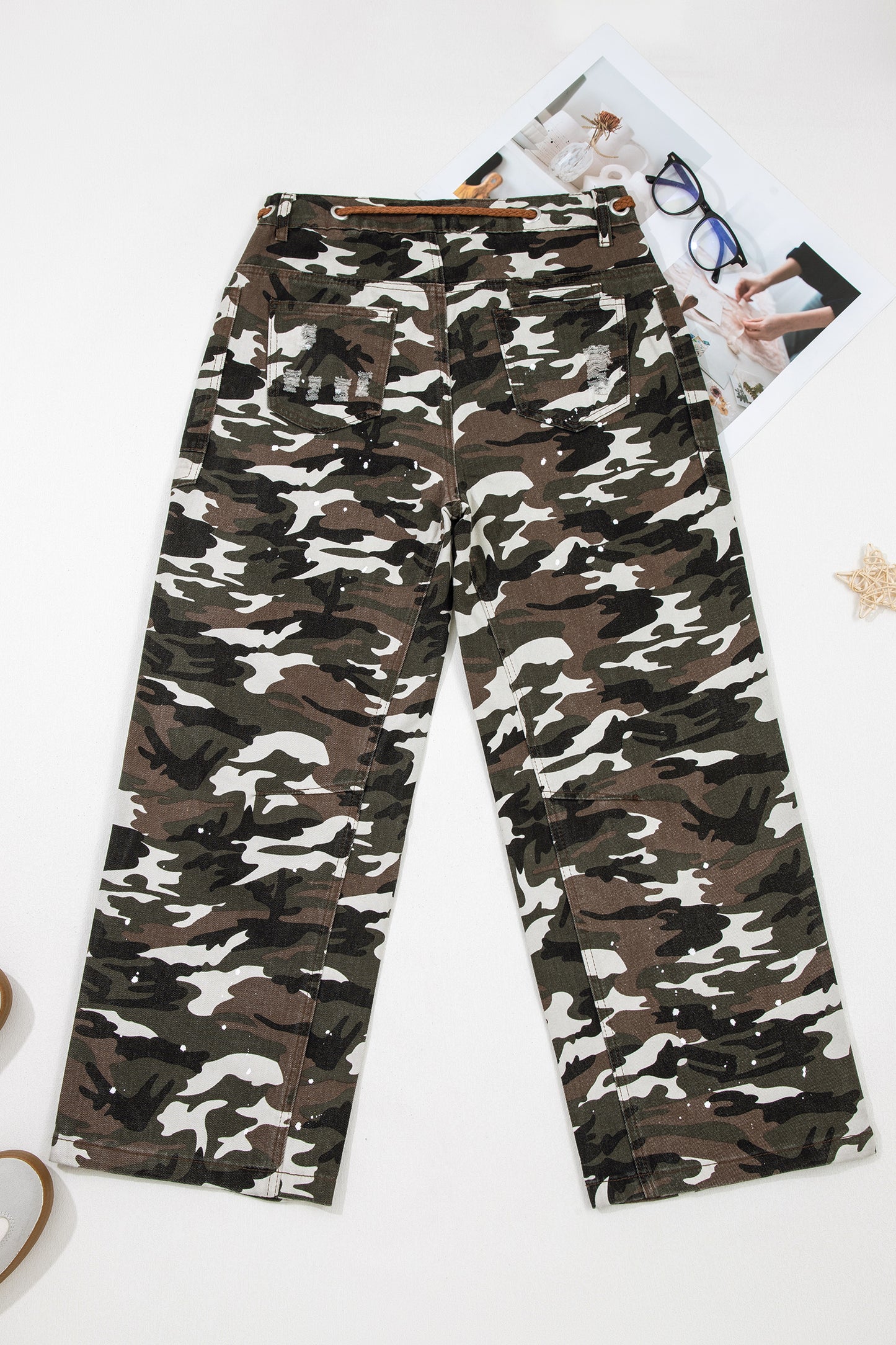 Green Camouflage Print Splashed Distressed Loose Denim Pants-Bottoms/Pants & Culotte-[Adult]-[Female]-2022 Online Blue Zone Planet