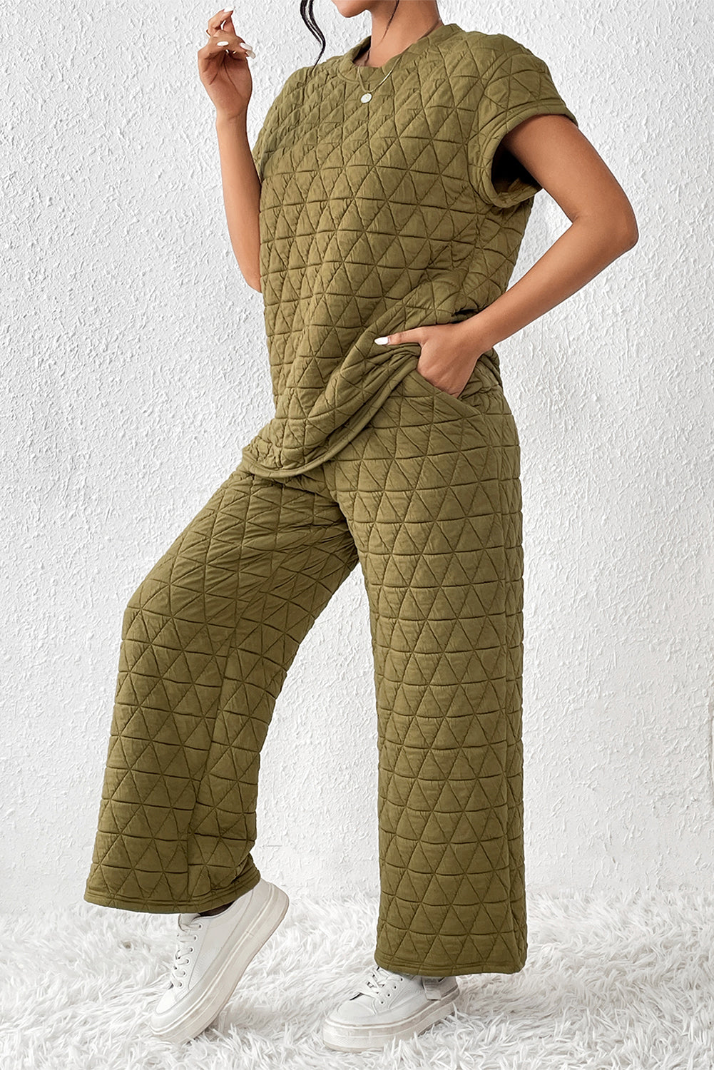 Blue Zone Planet |  Sage Green Quilted Short Sleeve Wide Leg Pants Set Blue Zone Planet