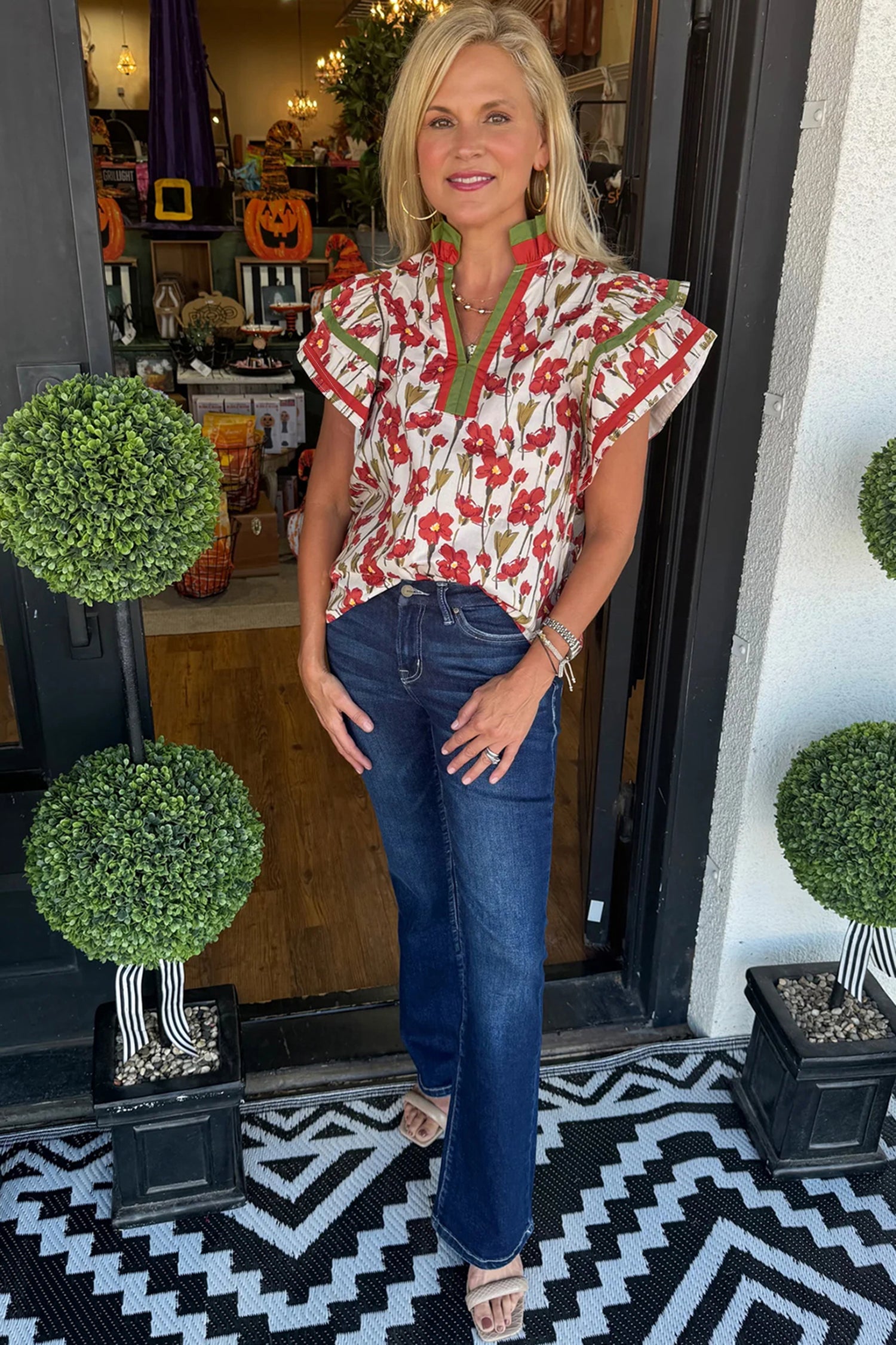 Red Floral Print Contrast Trim V Neck Double Ruffled Short Sleeve Blouse-Tops/Blouses & Shirts-[Adult]-[Female]-2022 Online Blue Zone Planet