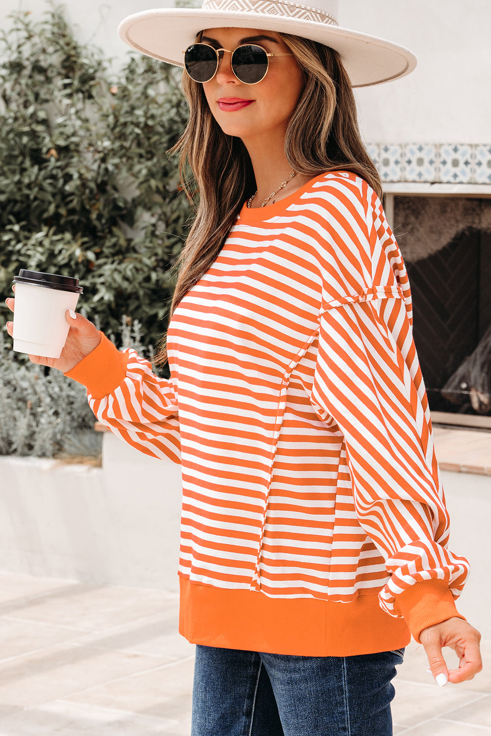 Orange Stripe Exposed Seam Drop Shoulder Casual Pullover Top-Tops/Long Sleeve Tops-[Adult]-[Female]-2022 Online Blue Zone Planet