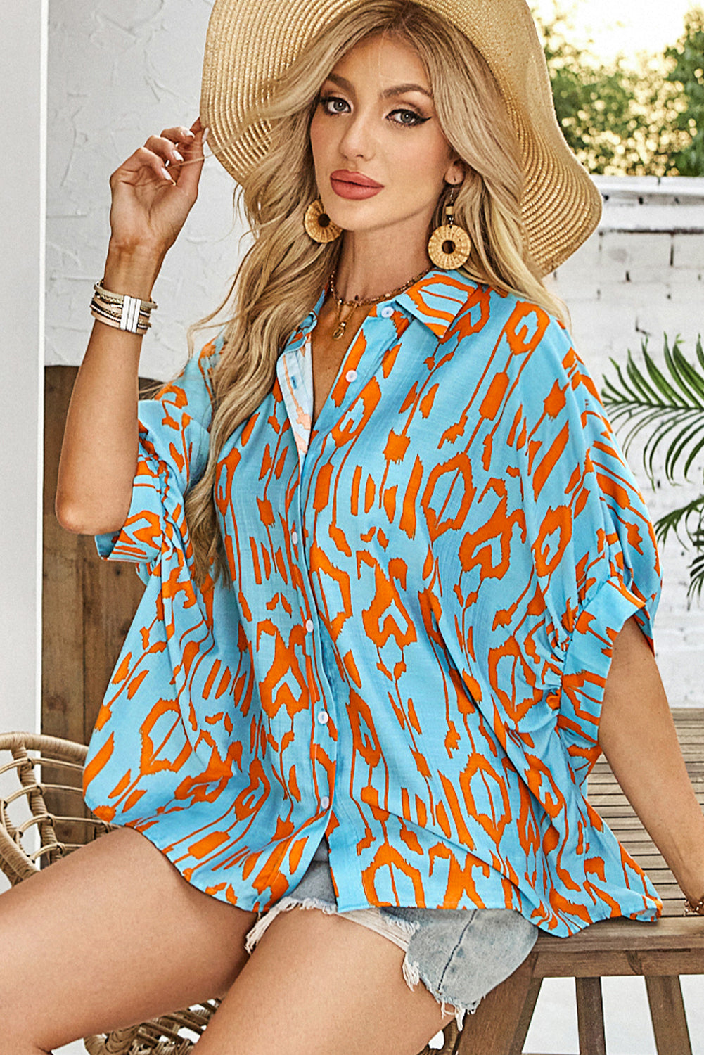 Sky Blue Abstract Print Dolman Short Sleeve Western Loose Shirt-Tops/Blouses & Shirts-[Adult]-[Female]-2022 Online Blue Zone Planet