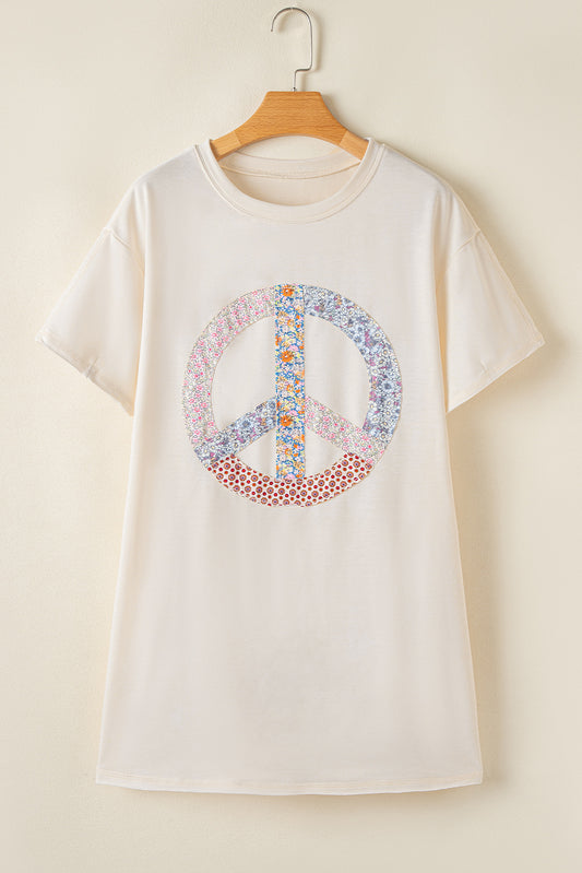 Blue Zone Planet | White Floral Peace Sign Graphic T Shirt Dress-TOPS / DRESSES-[Adult]-[Female]-White-S-2022 Online Blue Zone Planet