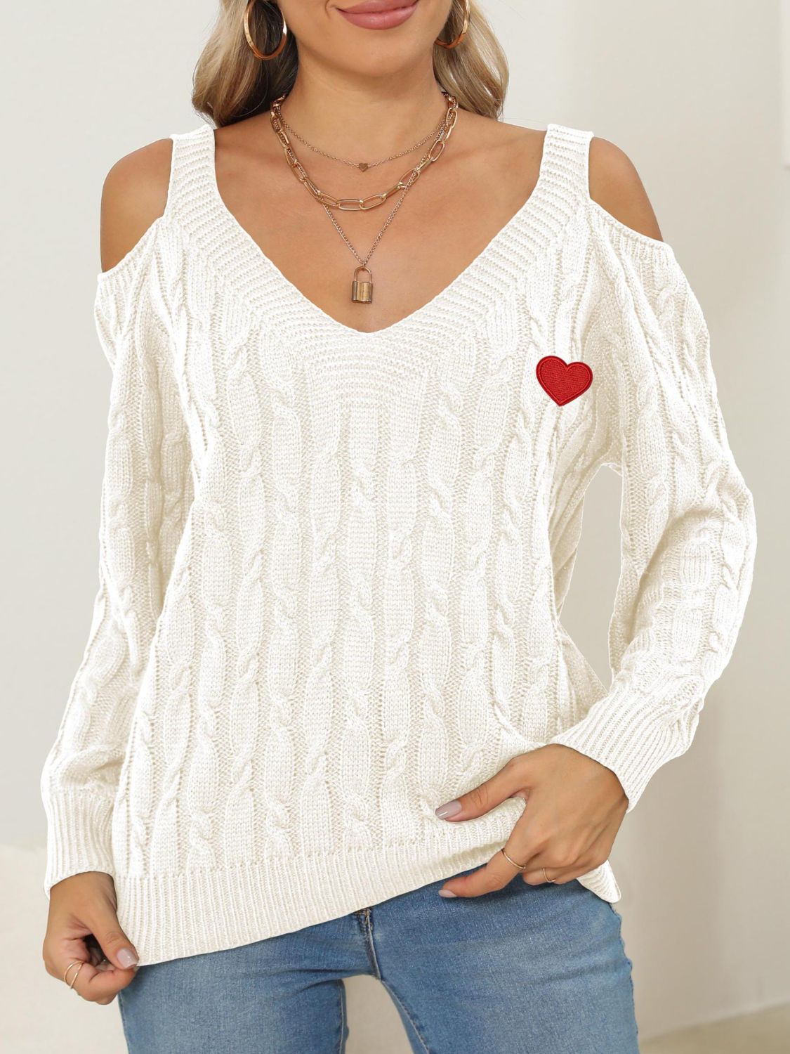 Cable-Knit Heart V-Neck Sweater-TOPS / DRESSES-[Adult]-[Female]-2022 Online Blue Zone Planet