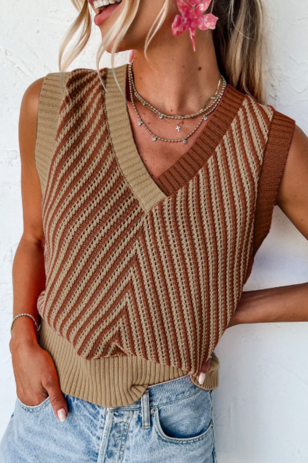 Striped Contrast V-Neck Sweater Vest-TOPS / DRESSES-[Adult]-[Female]-Brown-S-2022 Online Blue Zone Planet