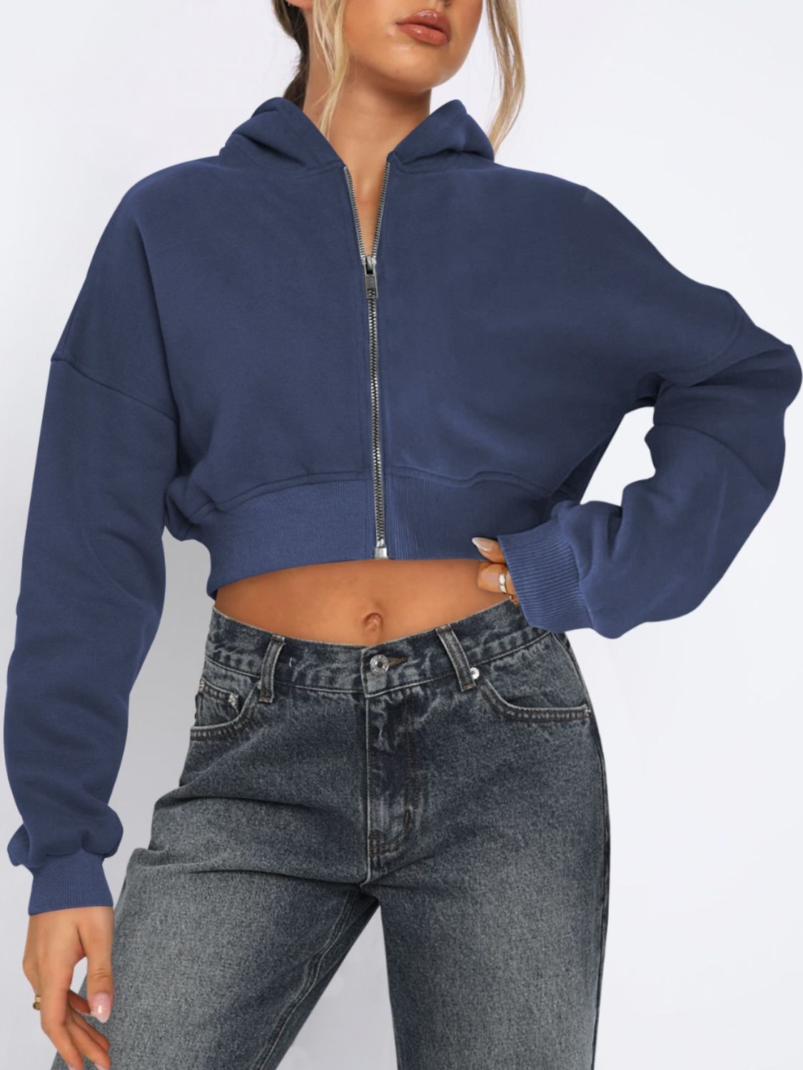 Zip Up Long Sleeve Hooded Cropped Jacket-TOPS / DRESSES-[Adult]-[Female]-Navy-S-2022 Online Blue Zone Planet