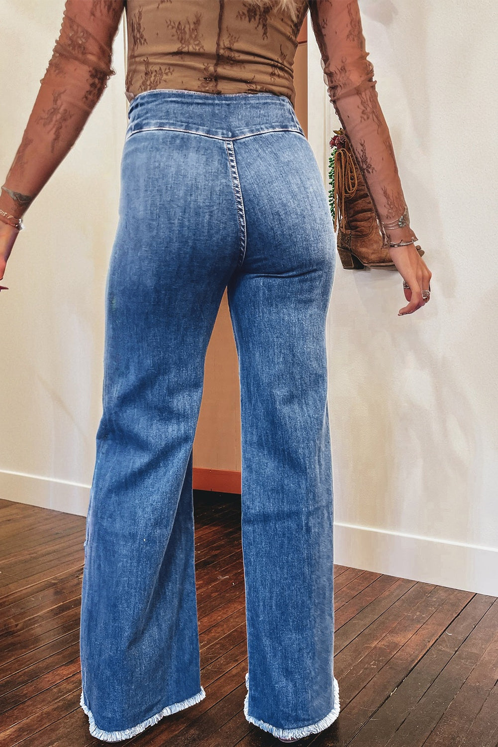 Blue Zone Planet | Sail Blue High Waist Button Fly Seamed Raw Hem Flare Jeans-Bottoms/Jeans-[Adult]-[Female]-2022 Online Blue Zone Planet
