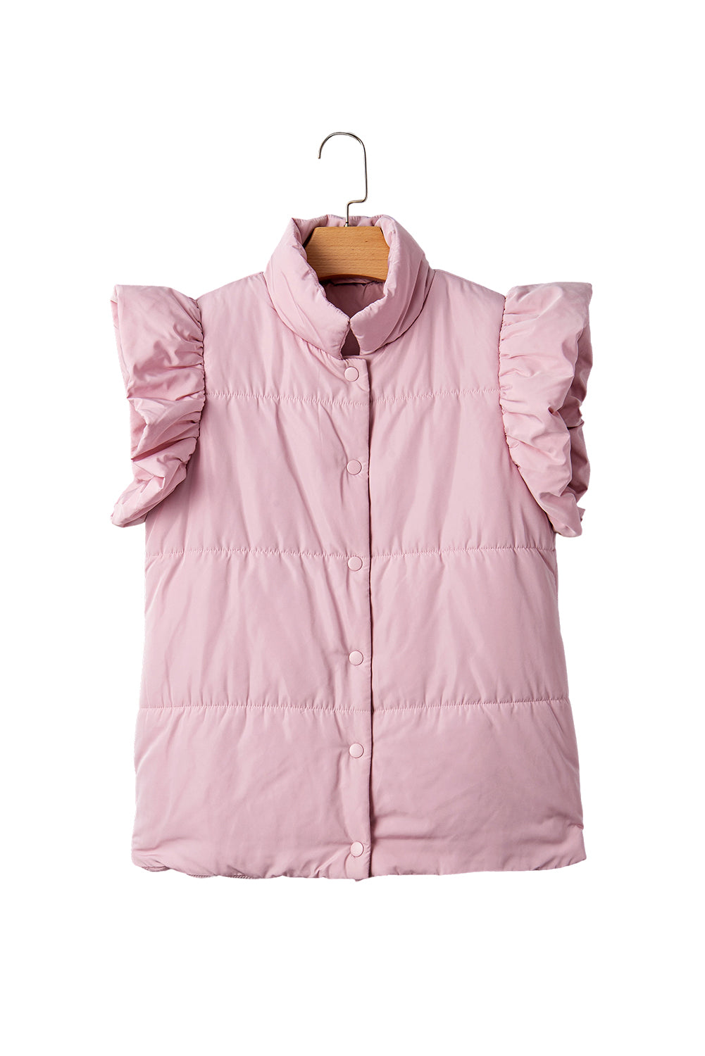 Pink Stand Neck Flutter Sleeve Snap Button Puffer Vest-Outerwear/Vests-[Adult]-[Female]-2022 Online Blue Zone Planet