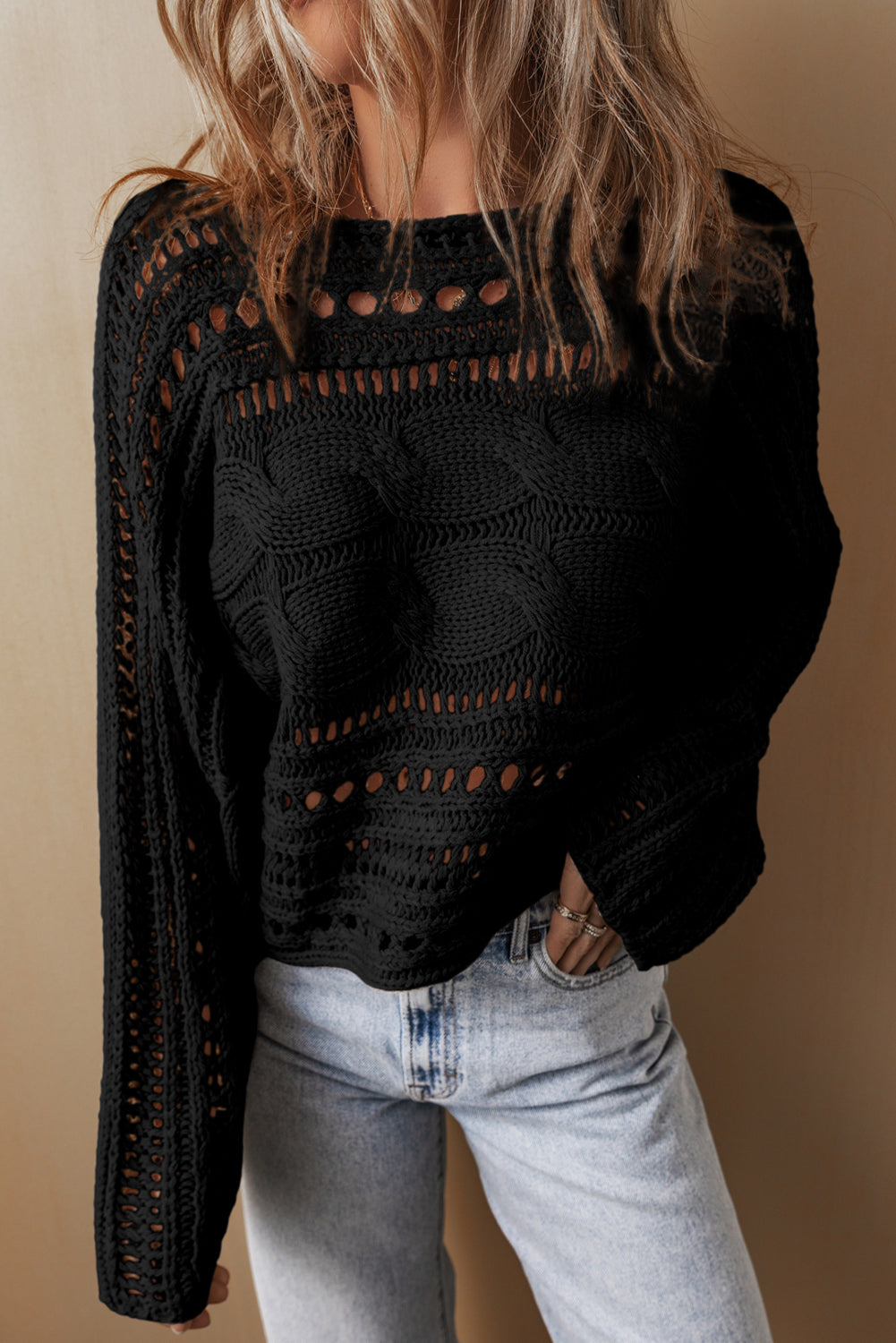 Black Hollow-out Cable Knit Cropped Sweater-TOPS / DRESSES-[Adult]-[Female]-2022 Online Blue Zone Planet