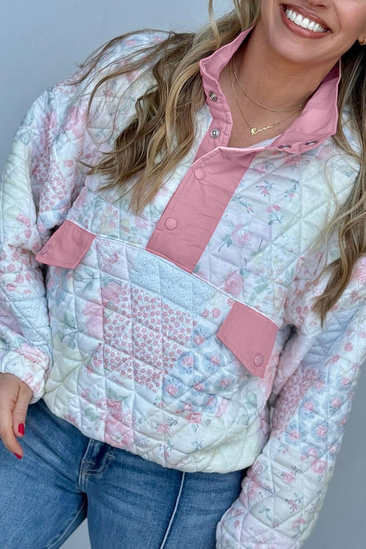 Pink Floral Quilted V-Neck Plus Size Fake Pocket Sweatshirt-Plus Size/Plus Size Sweatshirts & Hoodies-[Adult]-[Female]-Pink-1X-2022 Online Blue Zone Planet