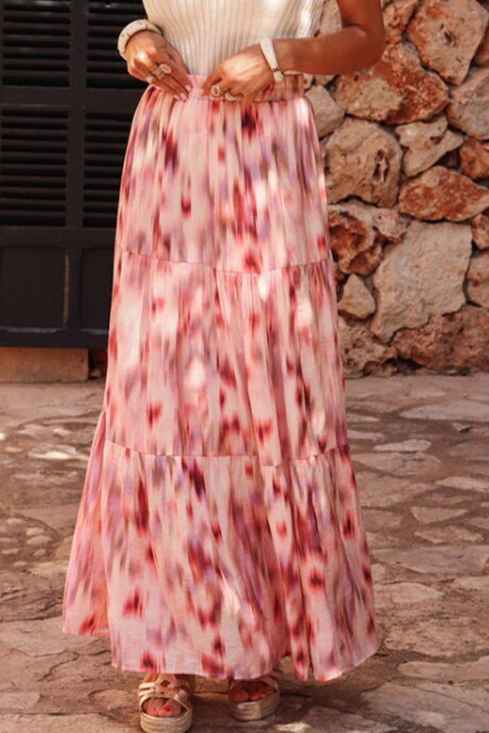 Pink Abstract Watercolor Tie Dye Tiered Maxi Skirt-Skirts-[Adult]-[Female]-2022 Online Blue Zone Planet