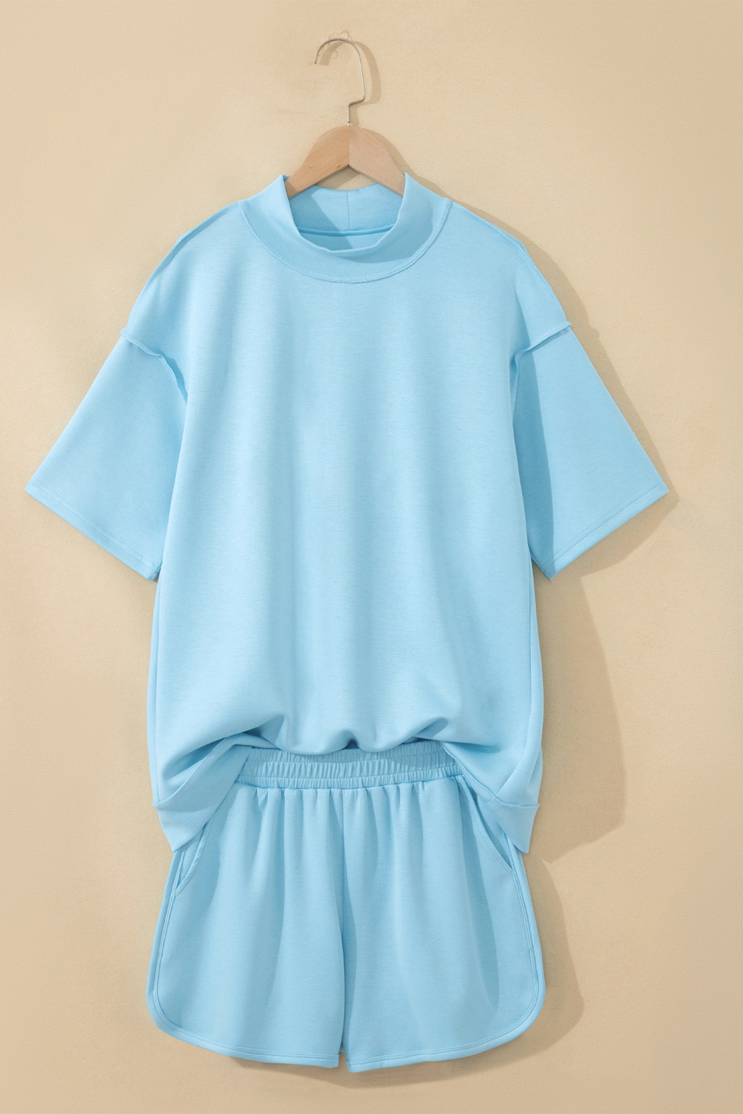 Light Pink Solid Color Exposed Seam Mock Neck Oversize Tee Casual Shorts 2pcs Outfit-Two Piece Sets/Short Sets-[Adult]-[Female]-2022 Online Blue Zone Planet