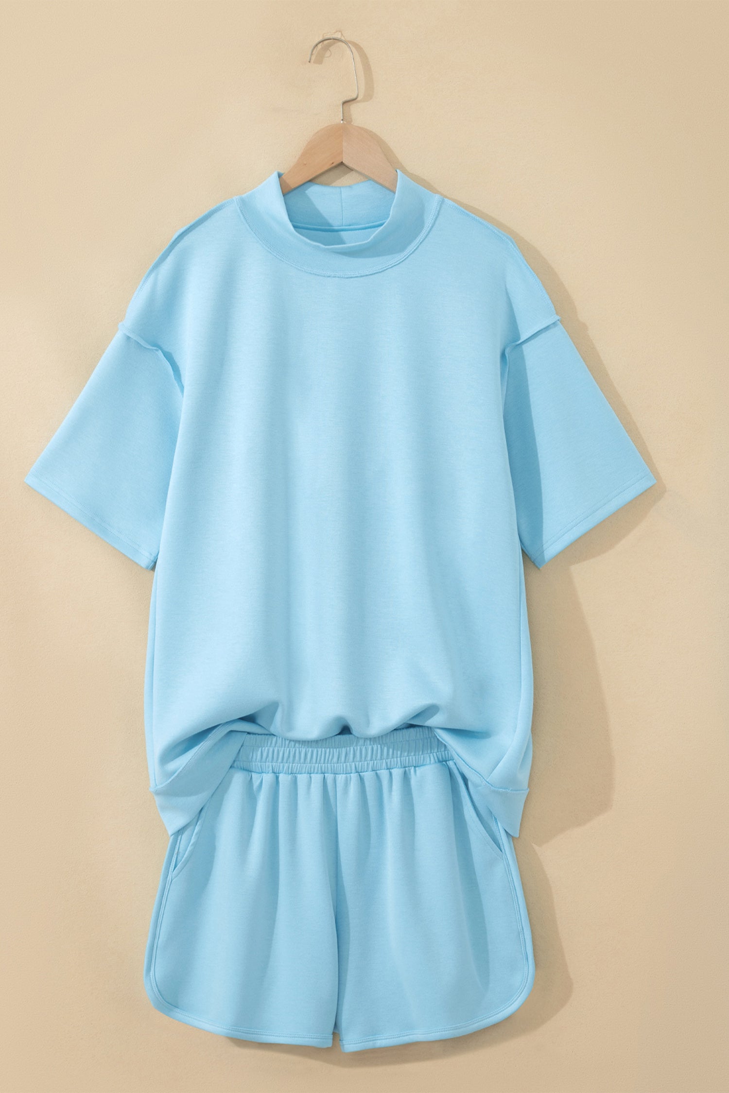 Light Pink Solid Color Exposed Seam Mock Neck Oversize Tee Casual Shorts 2pcs Outfit-Two Piece Sets/Short Sets-[Adult]-[Female]-2022 Online Blue Zone Planet