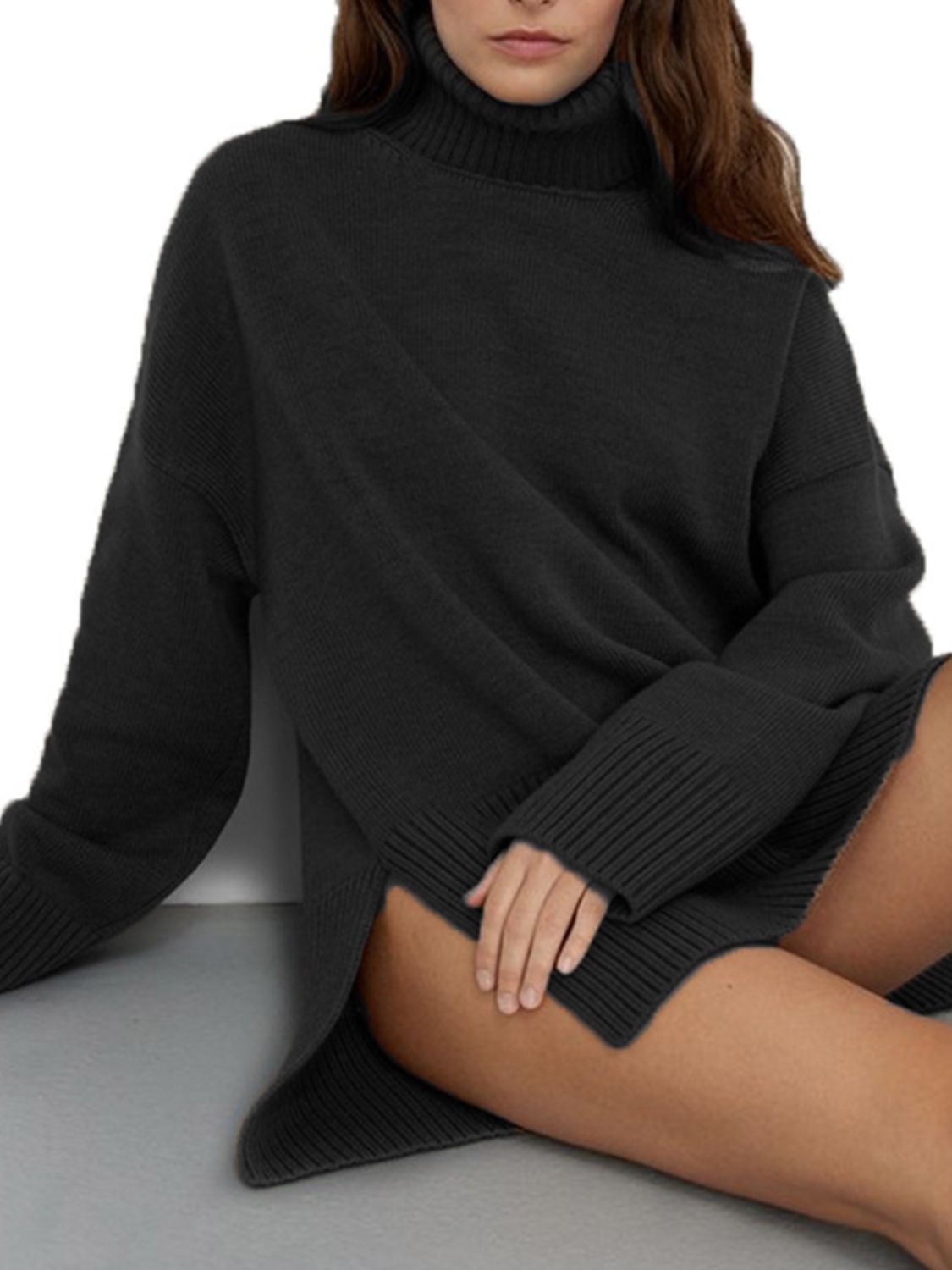 Side Slit Turtleneck Drop Shoulder Sweater-TOPS / DRESSES-[Adult]-[Female]-2022 Online Blue Zone Planet