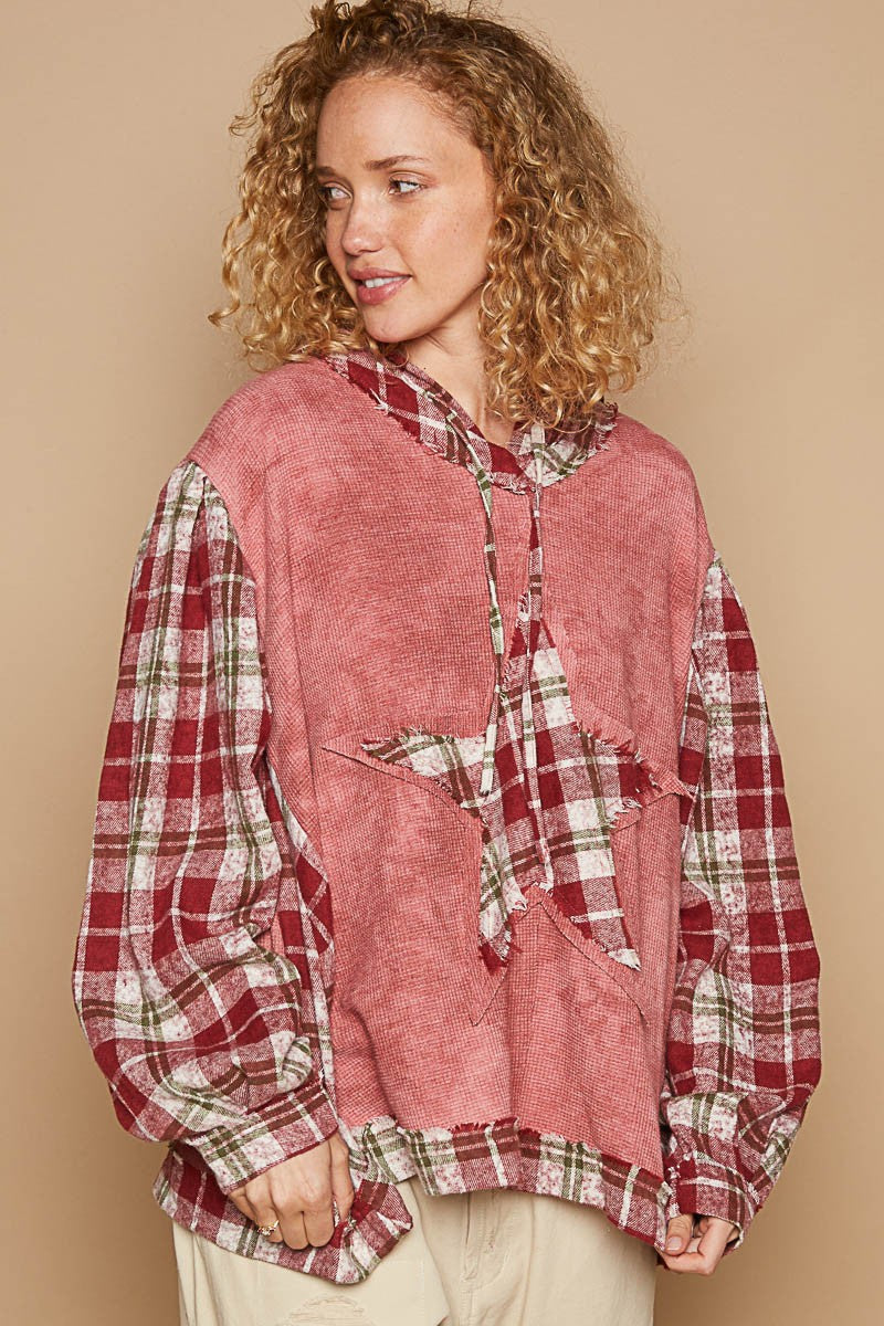 POL Star Patch Plaid Long Sleeve Hooded Top-TOPS / DRESSES-[Adult]-[Female]-Redbean Multi-S-2022 Online Blue Zone Planet