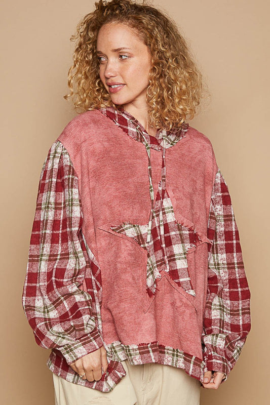 POL Star Patch Plaid Long Sleeve Hooded Top-TOPS / DRESSES-[Adult]-[Female]-Redbean Multi-S-2022 Online Blue Zone Planet