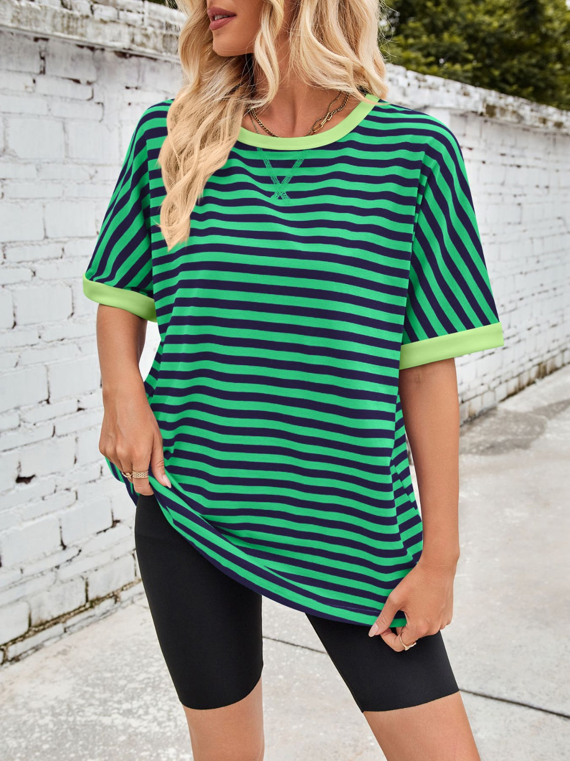 Lovelet Striped Round Neck Half Sleeve T-Shirt-TOPS / DRESSES-[Adult]-[Female]-Green-S-2022 Online Blue Zone Planet