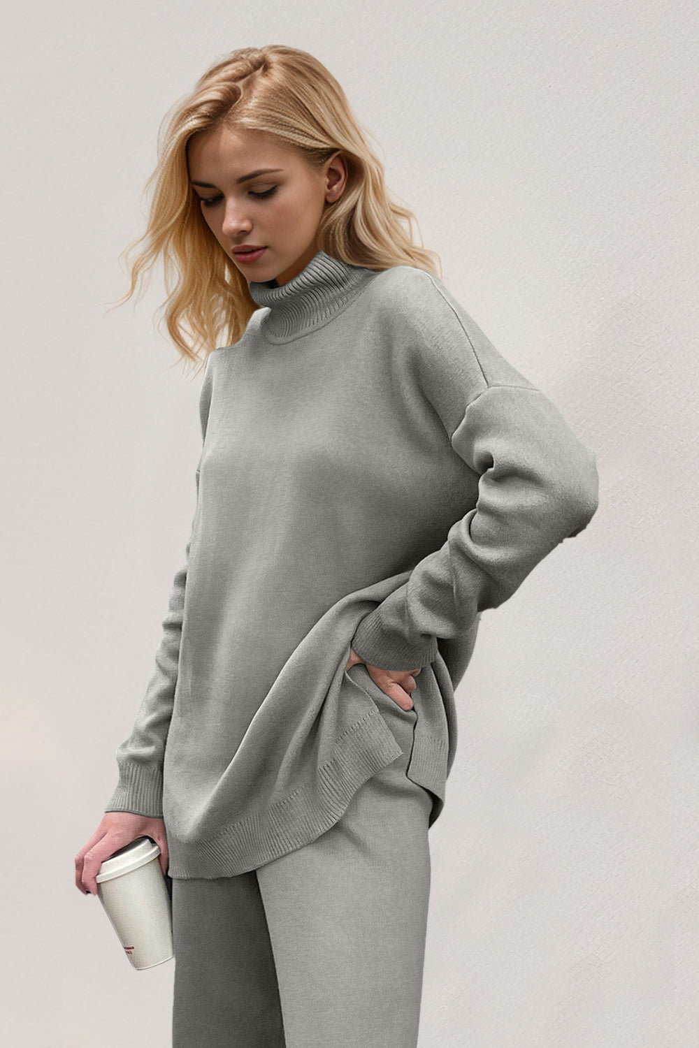 Basic Bae Side Slit Turtleneck Dropped Shoulder Sweater-TOPS / DRESSES-[Adult]-[Female]-Gray-One Size-2022 Online Blue Zone Planet