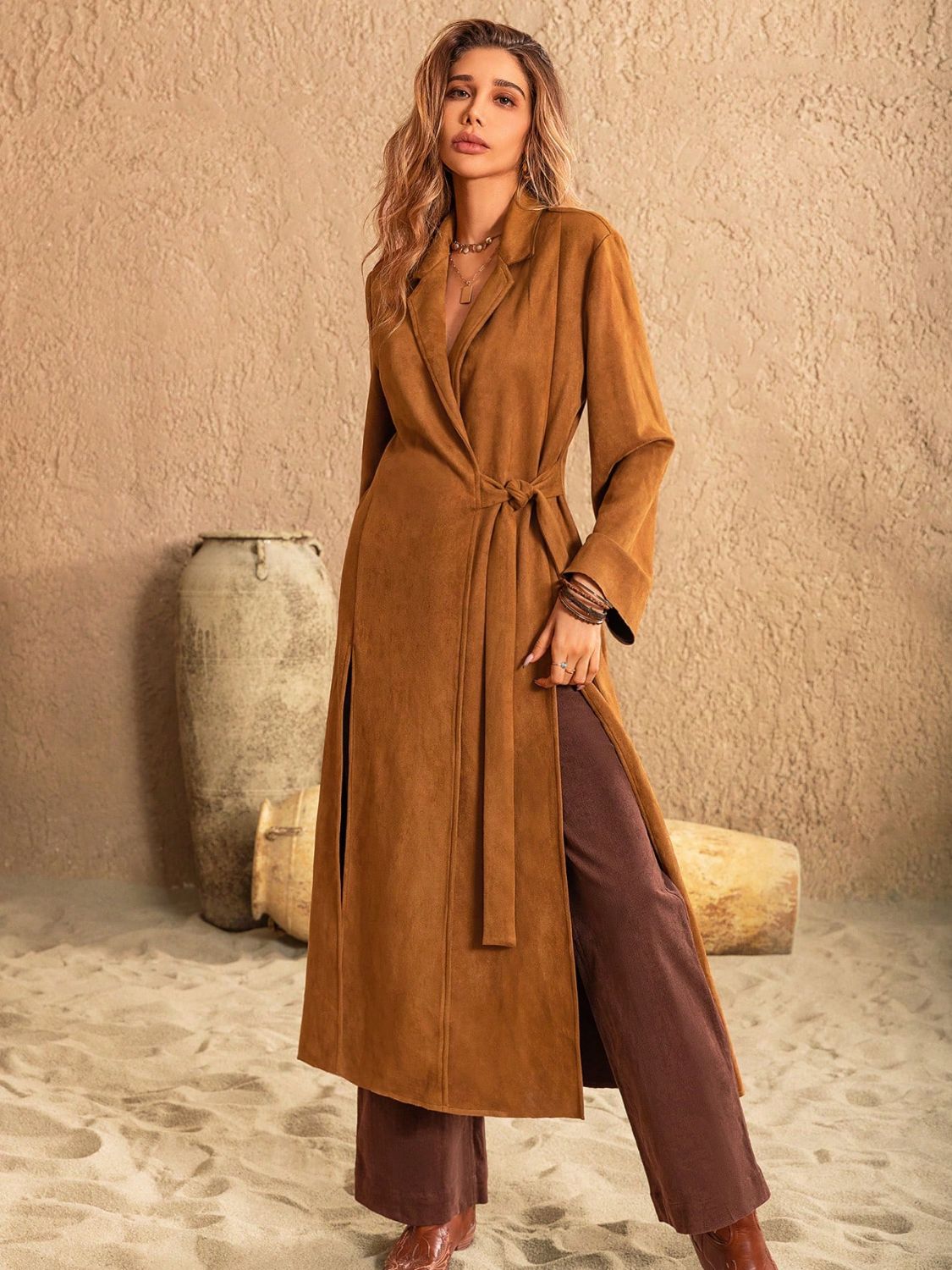 Slit Tied Collared Neck Longline Coat-TOPS / DRESSES-[Adult]-[Female]-Caramel-S-2022 Online Blue Zone Planet