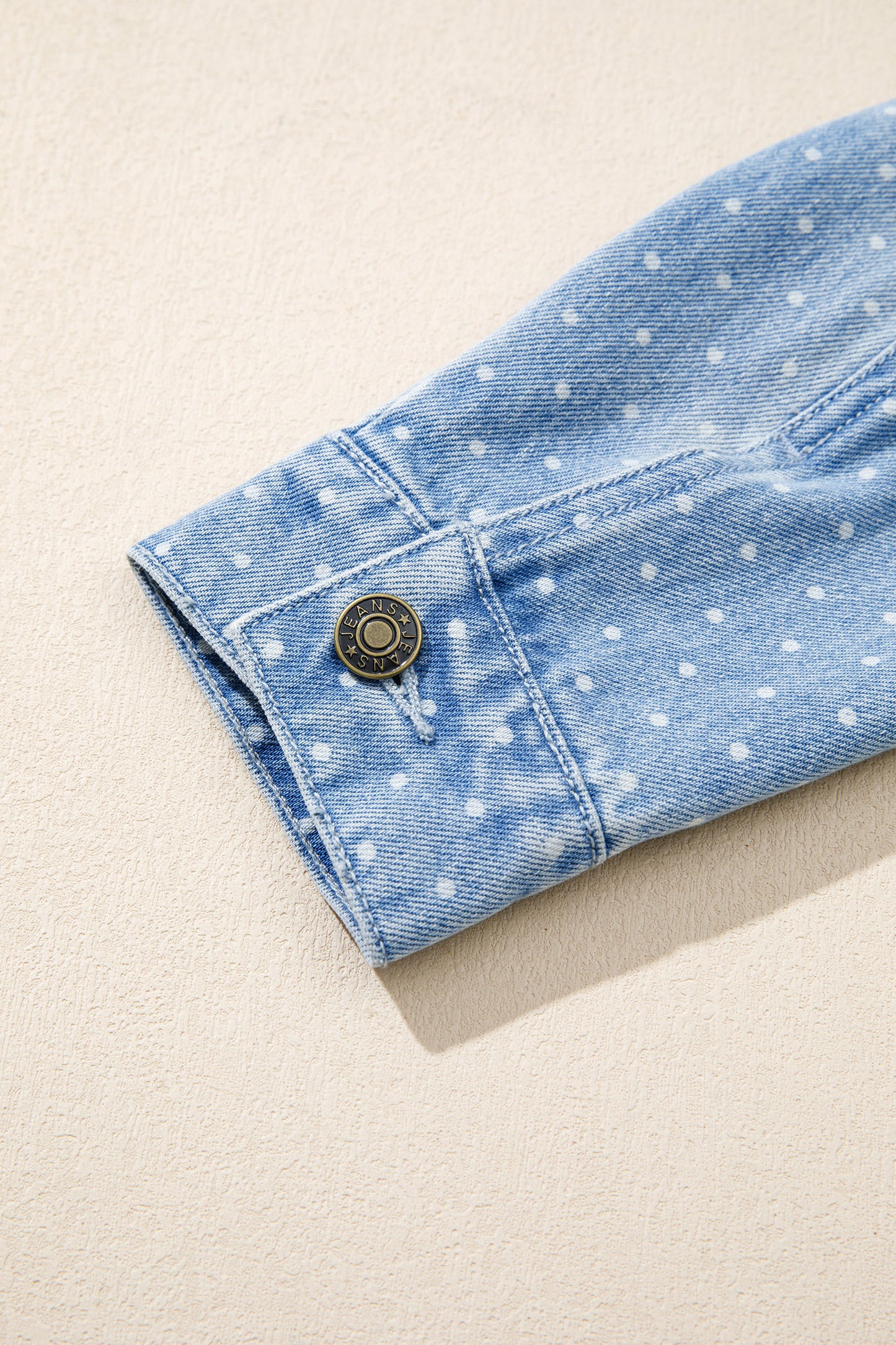 Sky Blue Polka Dot Long Sleeve Collar Pocket Casual Shift Silhouette Denim Jacket-Outerwear/Denim jackets-[Adult]-[Female]-2022 Online Blue Zone Planet