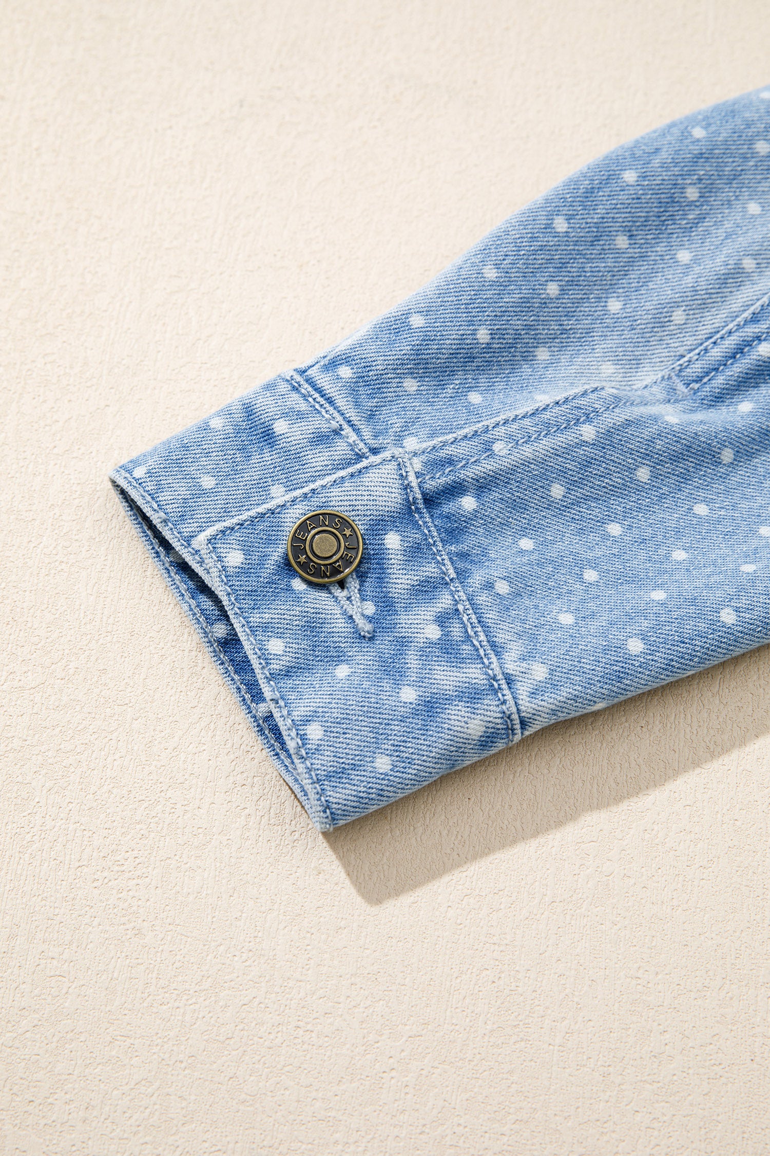 Sky Blue Polka Dot Long Sleeve Collar Pocket Casual Shift Silhouette Denim Jacket-Outerwear/Denim jackets-[Adult]-[Female]-2022 Online Blue Zone Planet