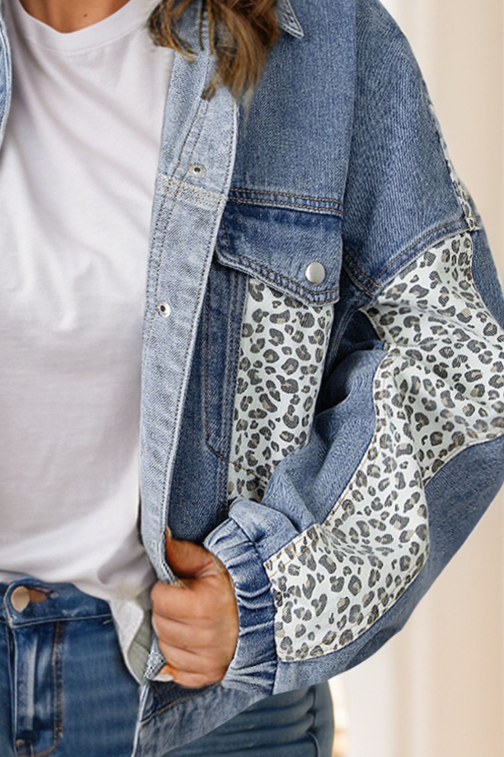 Plus Size Leopard Long Sleeve Denim Jacket-TOPS / DRESSES-[Adult]-[Female]-2022 Online Blue Zone Planet