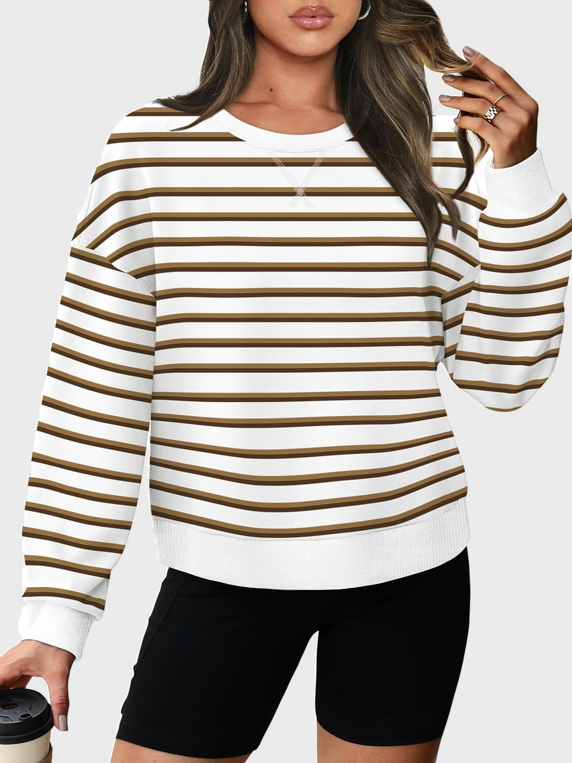 Lovelet Striped Round Neck Long Sleeve Sweatshirt-TOPS / DRESSES-[Adult]-[Female]-Camel-S-2022 Online Blue Zone Planet