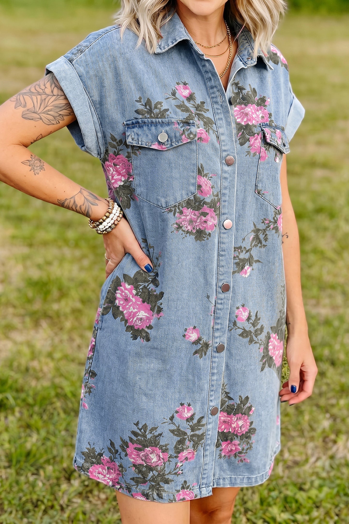 Sky Blue Denim Floral Print Cuffed Short Sleeve Button Down Shift Dress-TOPS / DRESSES-[Adult]-[Female]-2022 Online Blue Zone Planet