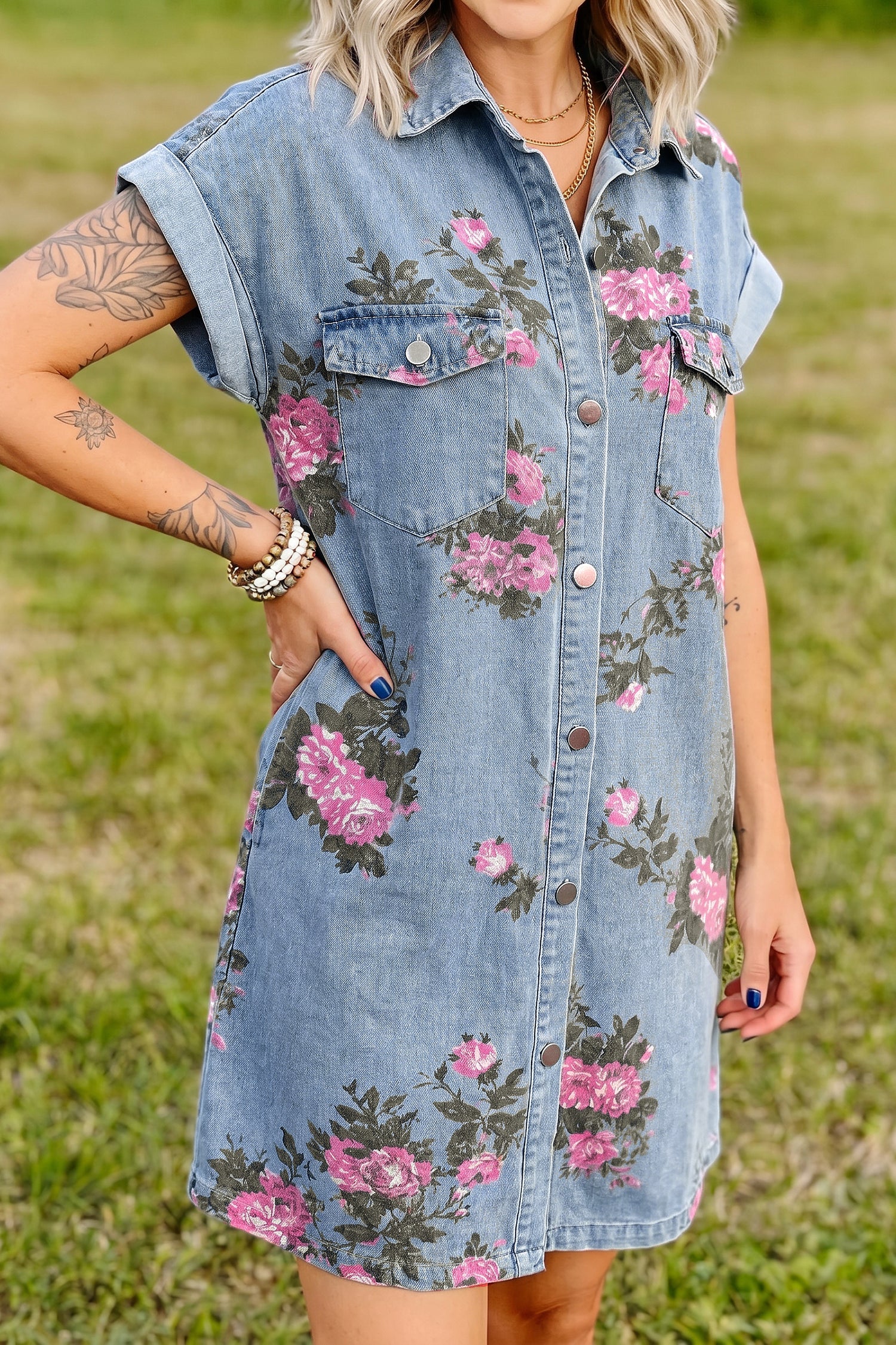 Sky Blue Denim Floral Print Cuffed Short Sleeve Button Down Shift Dress-TOPS / DRESSES-[Adult]-[Female]-2022 Online Blue Zone Planet