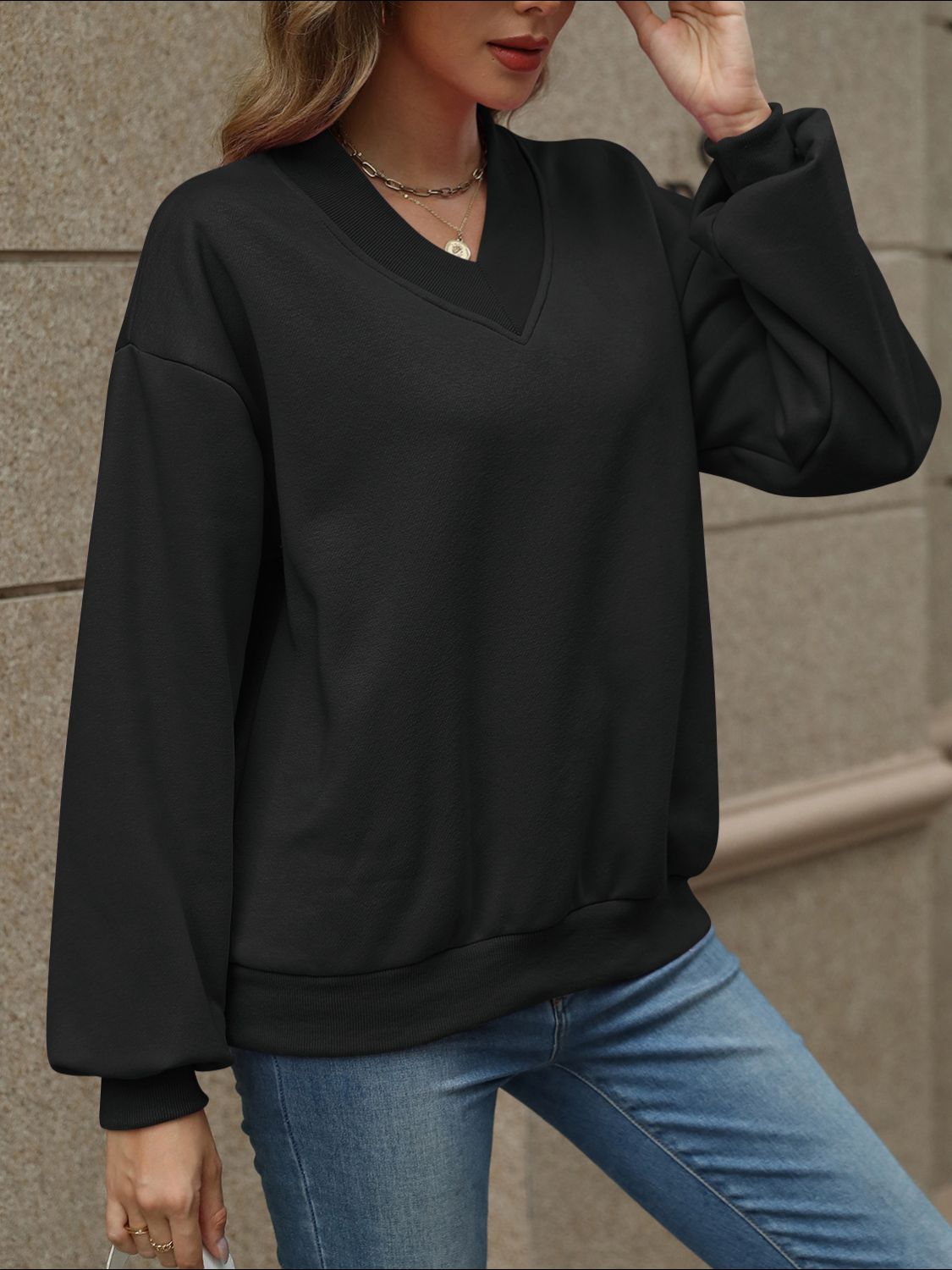 V-Neck Long Sleeve Dropped Shoulder Sweatshirt-TOPS / DRESSES-[Adult]-[Female]-2022 Online Blue Zone Planet