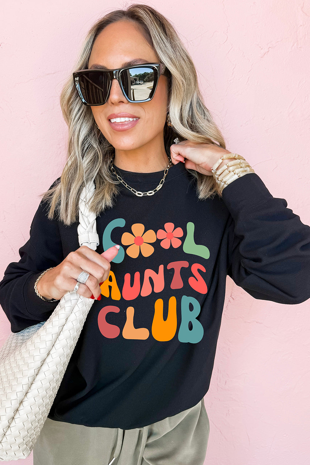Black Floral COOL AUNTS CLUB Graphic Pullover Sweatshirt-Graphic/Graphic Sweatshirts-[Adult]-[Female]-2022 Online Blue Zone Planet
