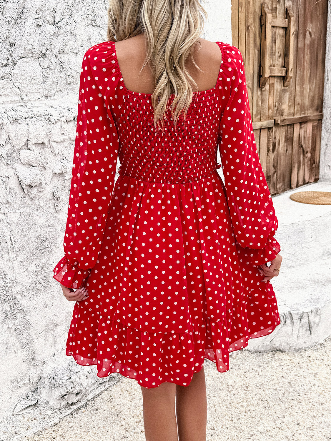 Smocked Polka Dot Long Sleeve Dress-TOPS / DRESSES-[Adult]-[Female]-2022 Online Blue Zone Planet