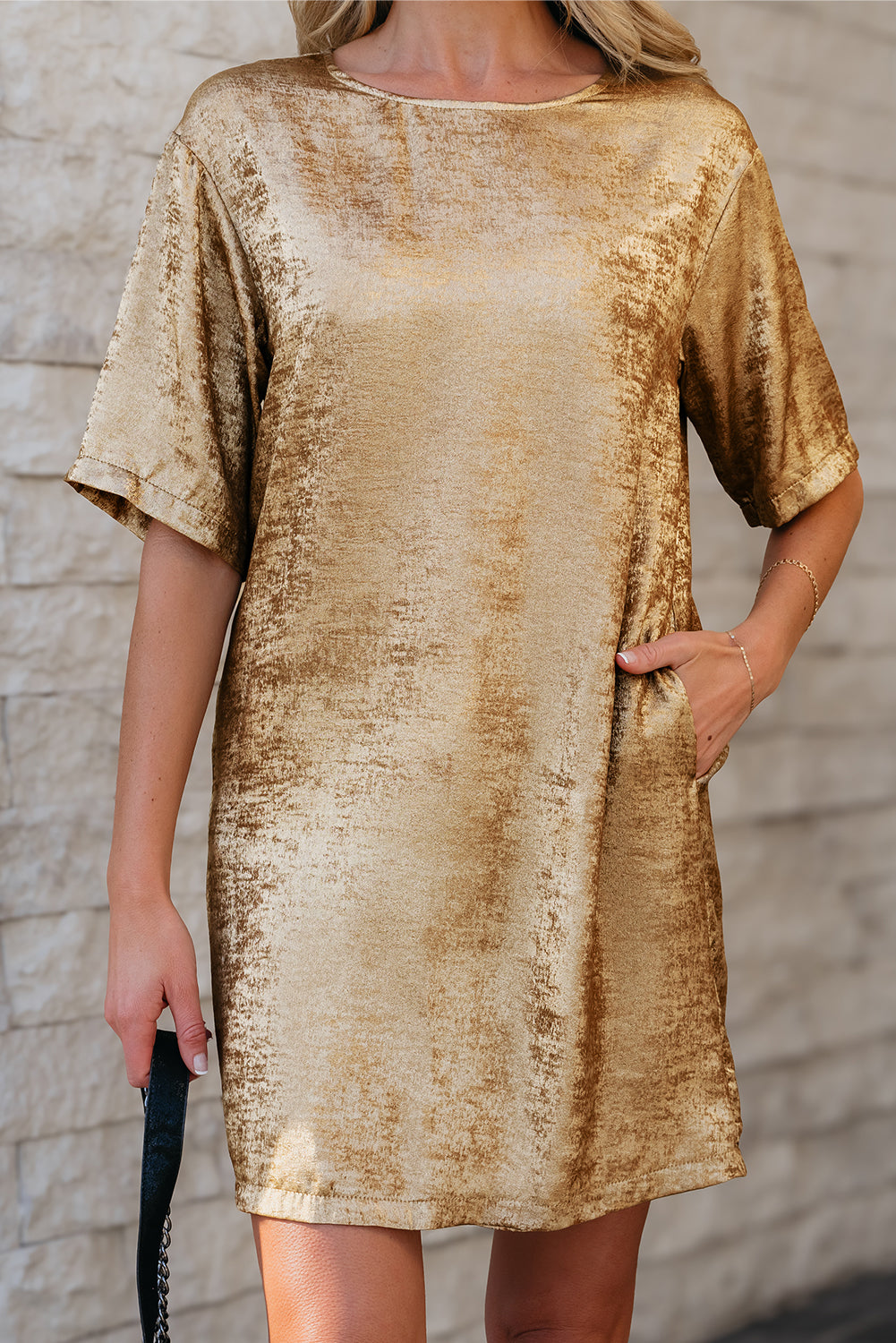Gold Metallic Luster Crewneck Mini T-Shirt Dress-TOPS / DRESSES-[Adult]-[Female]-2022 Online Blue Zone Planet
