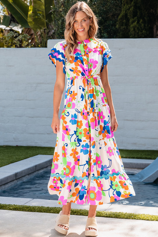 Blue Zone Planet | Pink Ricrac Trim Flutter Sleeve Buttoned Floral Maxi Dress-TOPS / DRESSES-[Adult]-[Female]-Pink-S-2022 Online Blue Zone Planet