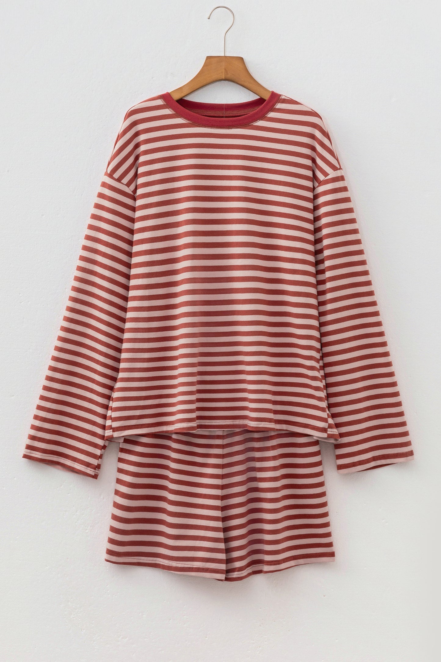 Brown Stripe Relaxed Long Sleeve Top Contrast Elastic Waistband Short Set-Two Piece Sets/Short Sets-[Adult]-[Female]-2022 Online Blue Zone Planet