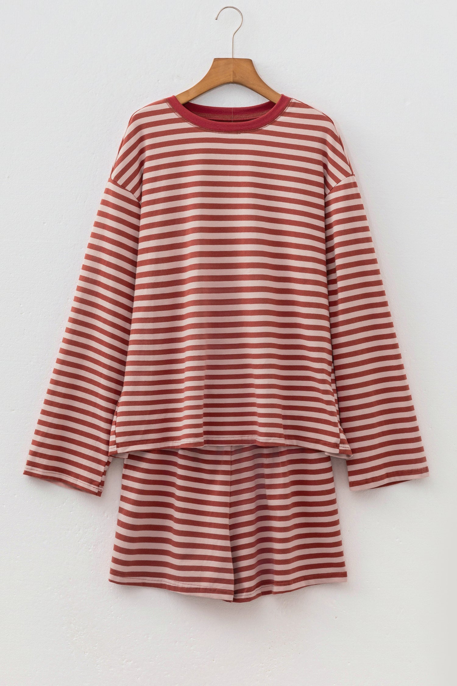 Brown Stripe Relaxed Long Sleeve Top Contrast Elastic Waistband Short Set-Two Piece Sets/Short Sets-[Adult]-[Female]-2022 Online Blue Zone Planet