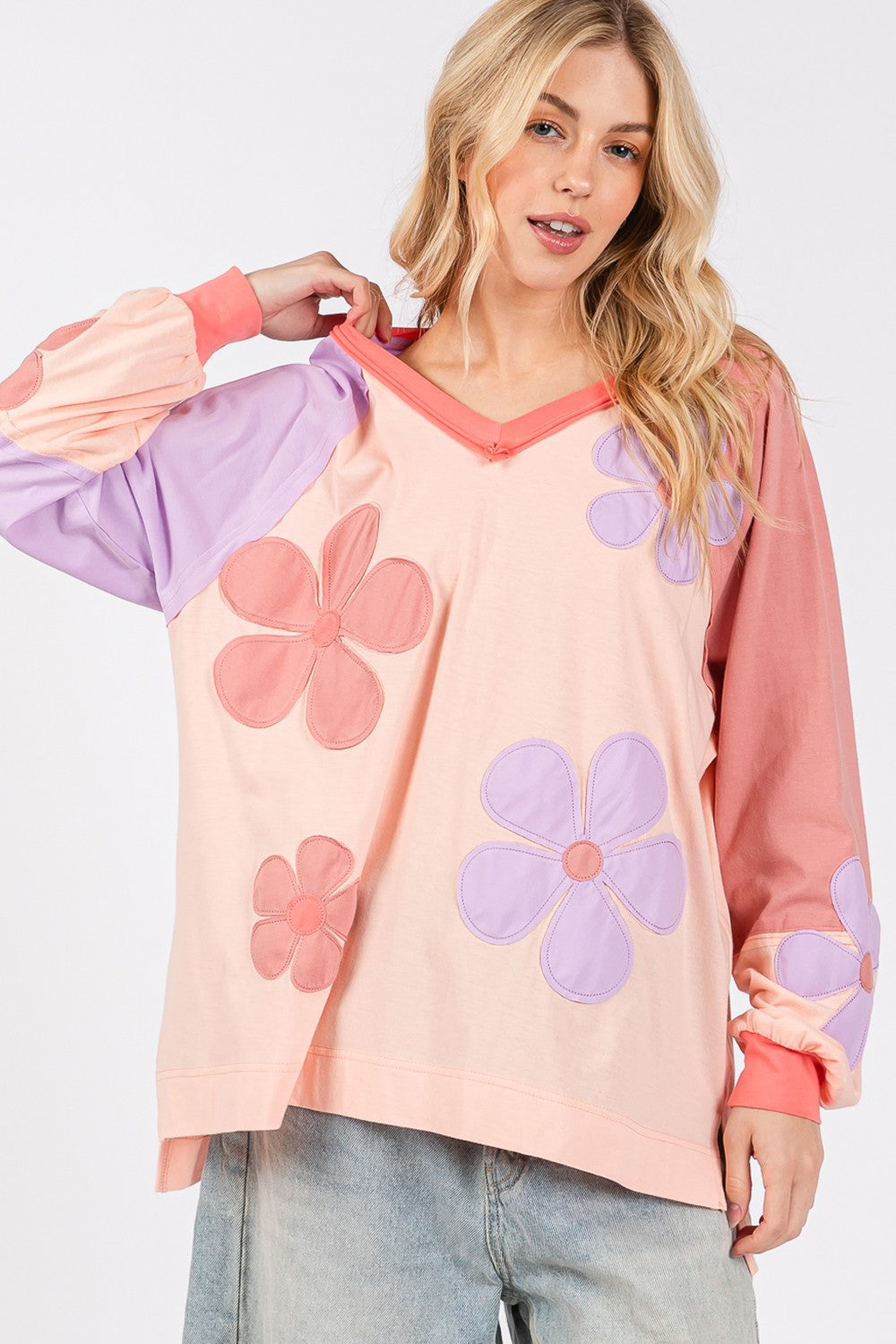 SAGE + FIG Full Size Daisy Applique Patch Color Block Long Sleeve Top-TOPS / DRESSES-[Adult]-[Female]-2022 Online Blue Zone Planet