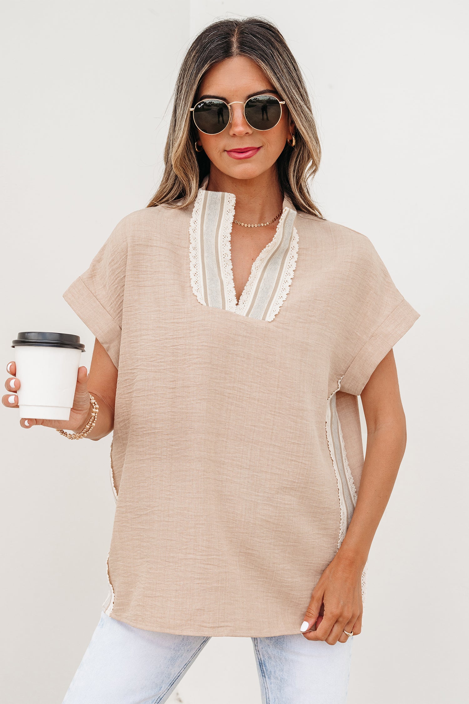 Parchment Crochet Lace Accent Pullover Rolled Short Sleeve Blouse-Tops/Blouses & Shirts-[Adult]-[Female]-2022 Online Blue Zone Planet