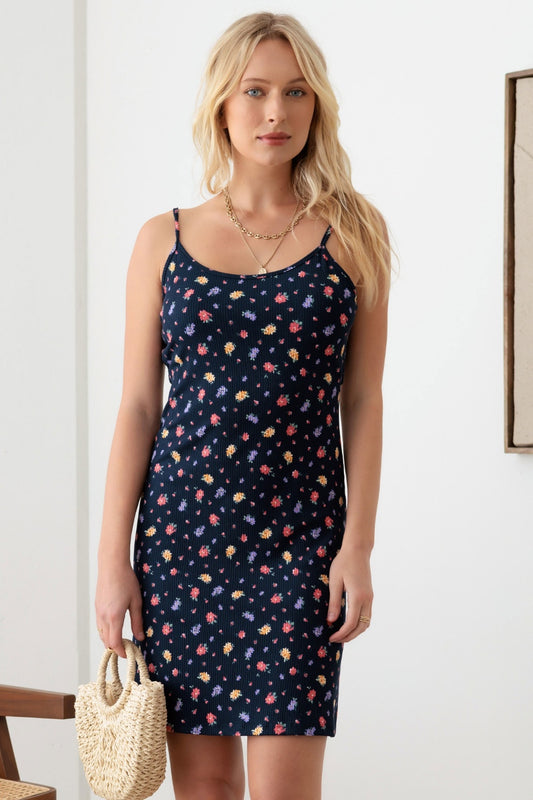Blue Zone Planet | GILLI Floral Ribbed Tie-Back Cami Mini Dress-TOPS / DRESSES-[Adult]-[Female]-Navy Multi-S-2022 Online Blue Zone Planet