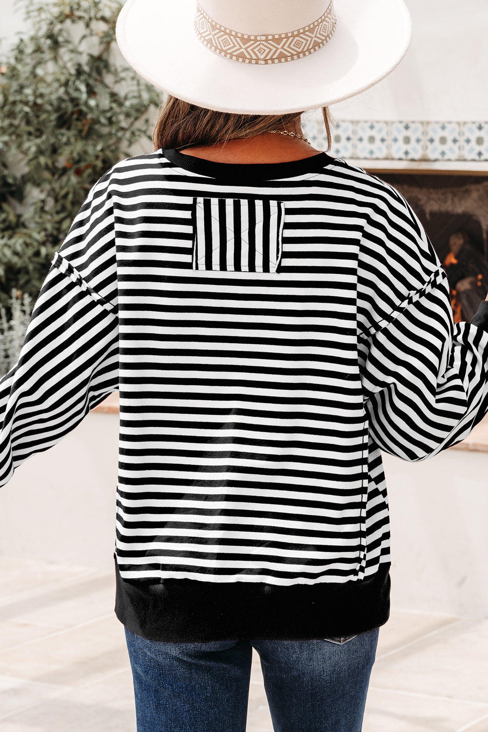 Black Stripe Exposed Seam Drop Shoulder Casual Pullover Top-Tops/Long Sleeve Tops-[Adult]-[Female]-2022 Online Blue Zone Planet