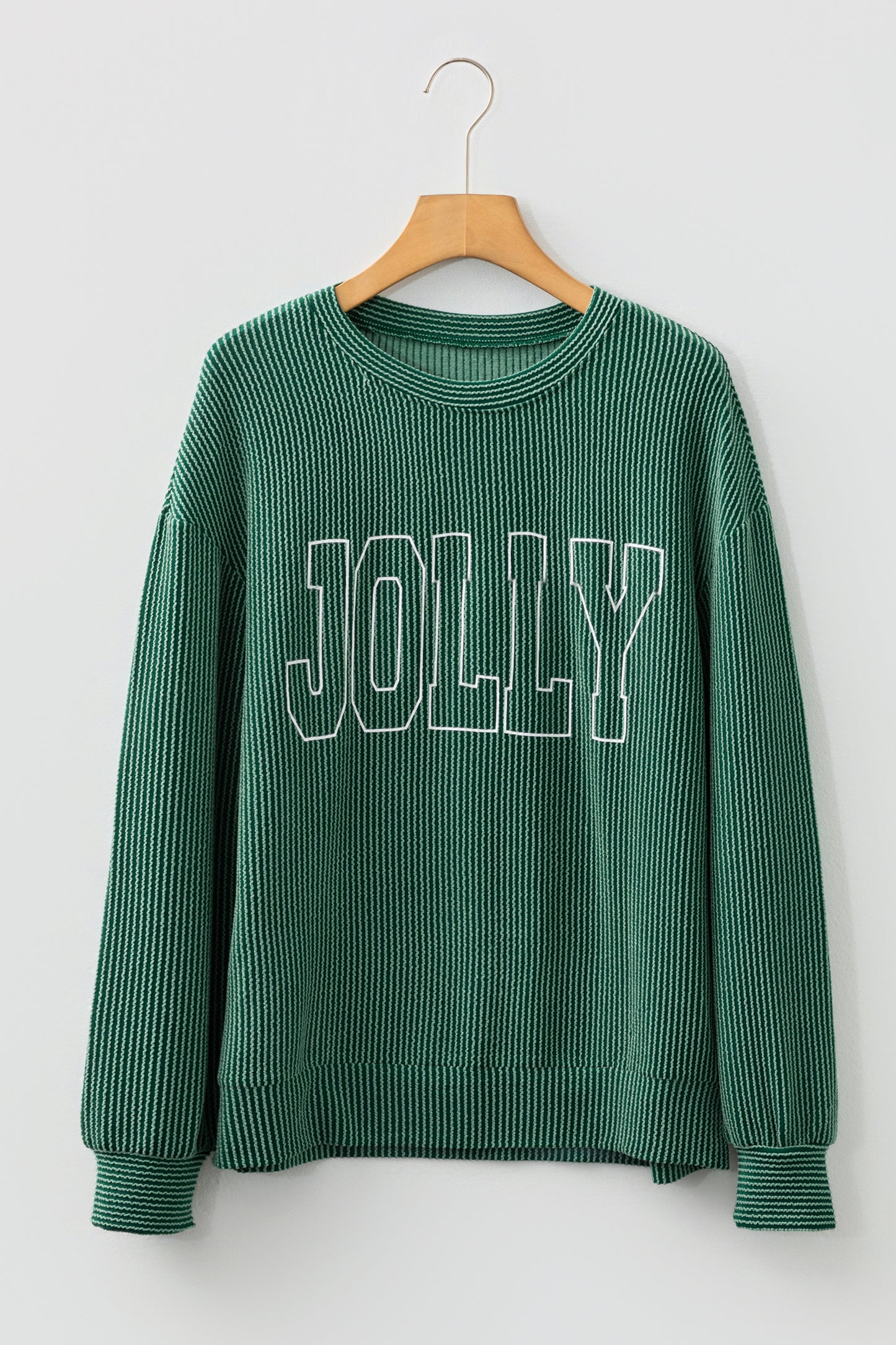 Blackish Green Twisted Rib Outlined Merry Letter Graphic Loose Long Sleeve Top-Tops/Long Sleeve Tops-[Adult]-[Female]-2022 Online Blue Zone Planet