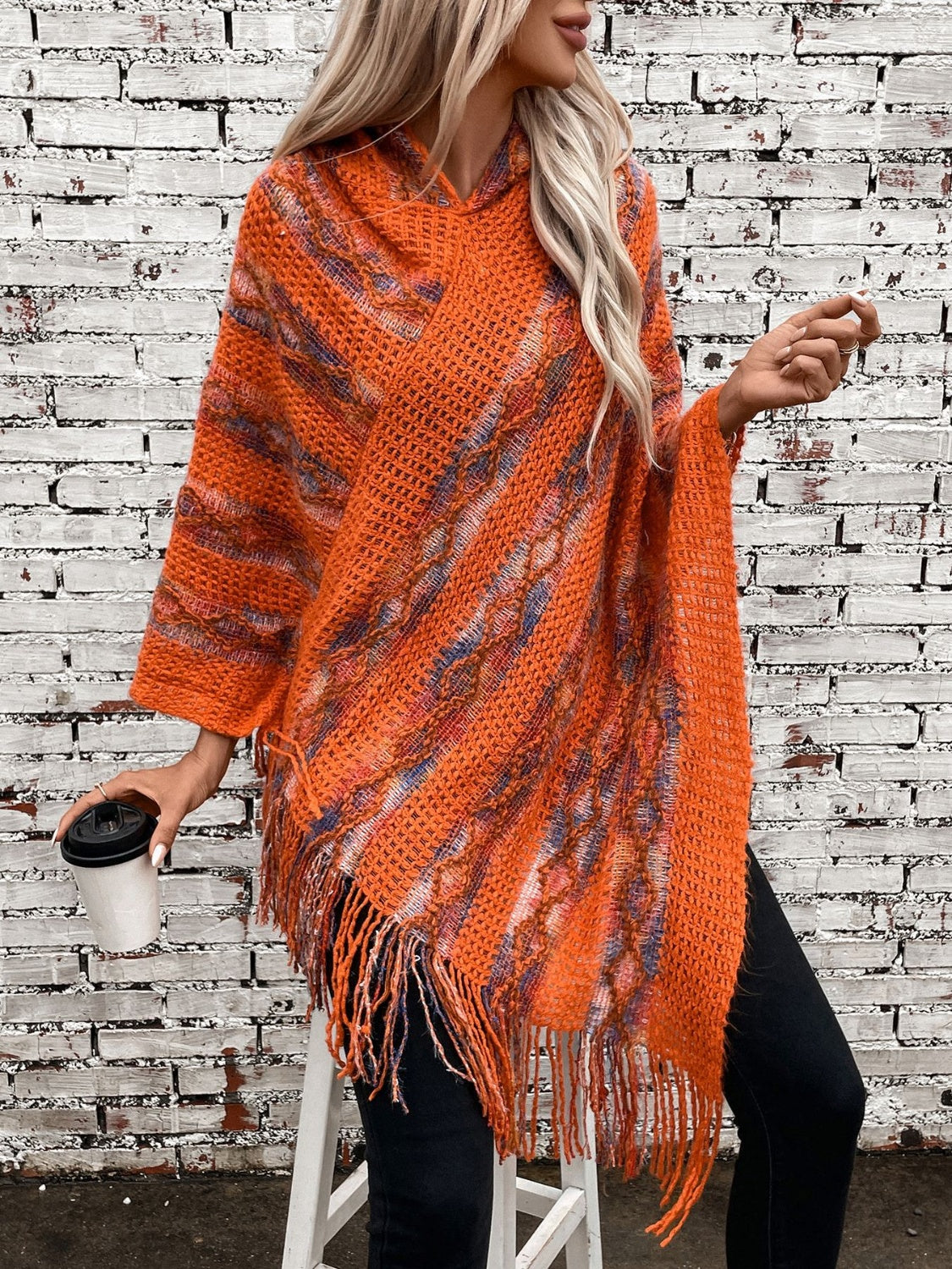 Blue Zone Planet | Fringe Contrast Hooded Poncho-TOPS / DRESSES-[Adult]-[Female]-Terracotta-One Size-2022 Online Blue Zone Planet