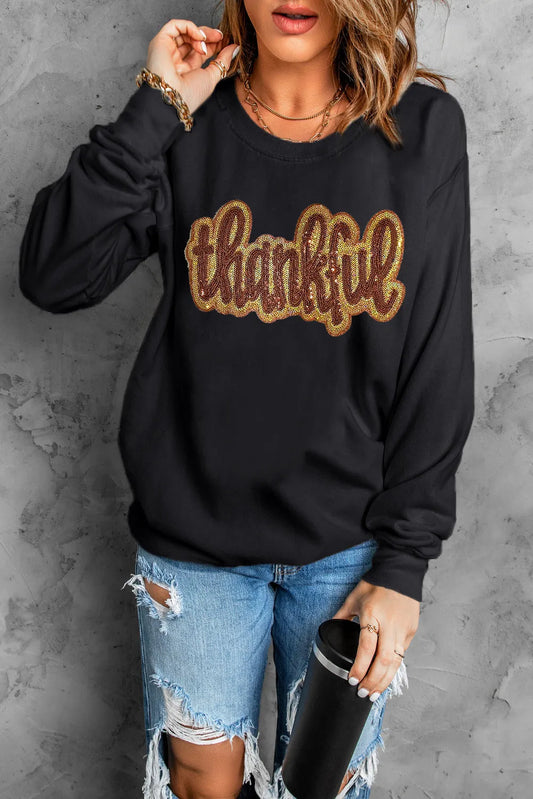 THANKFUL Round Neck Long Sleeve Sweatshirt-TOPS / DRESSES-[Adult]-[Female]-Black-S-2022 Online Blue Zone Planet